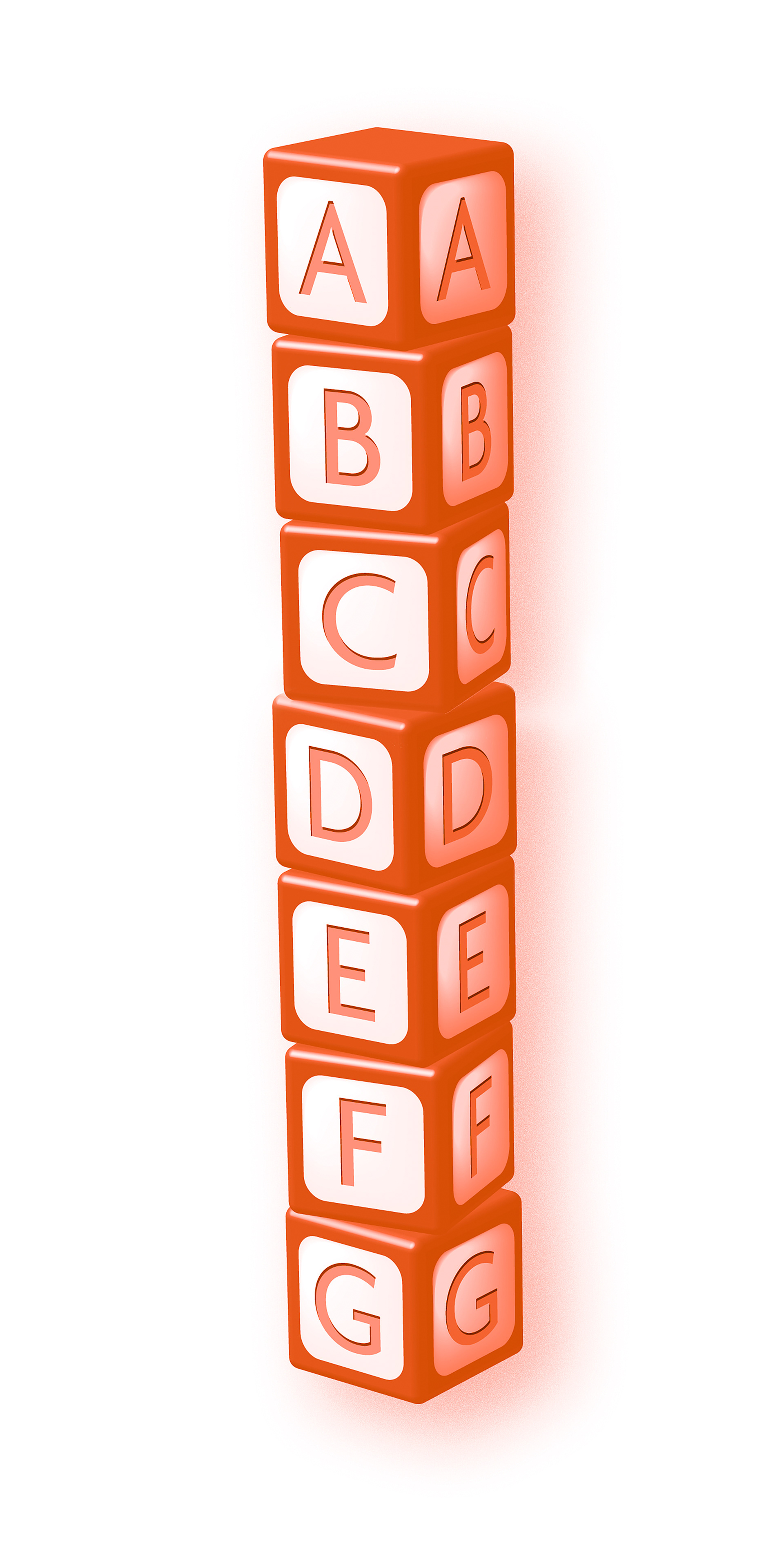Set of children’s letter blocks neatly stacked on top of each other from G up to A.