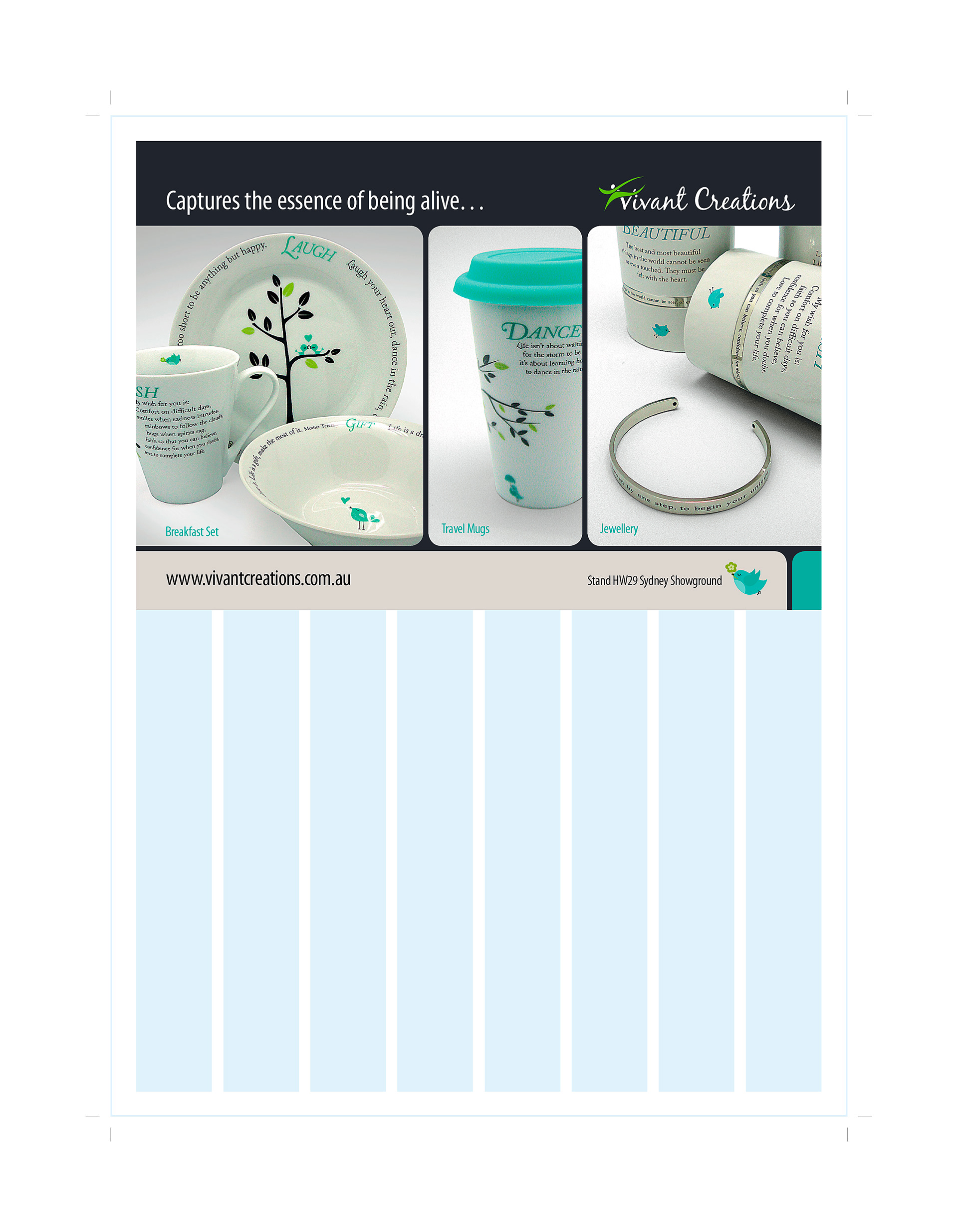 Half page trade show ad for the 2012 Vivant Creations range on publication grid.