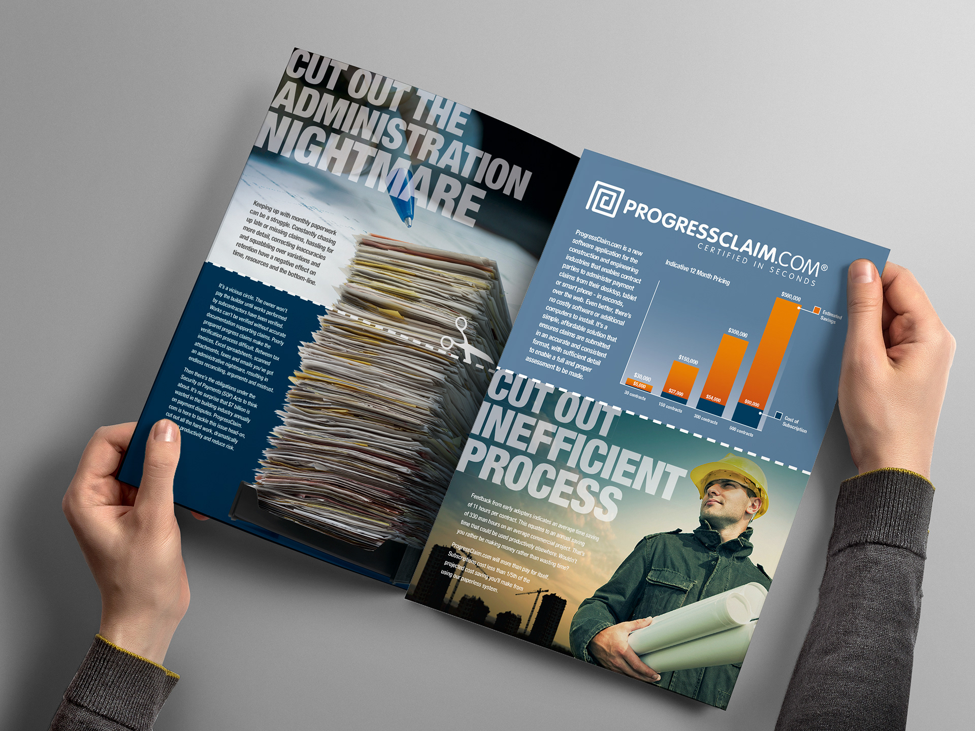 A4 roll fold brochure opened to first spread.