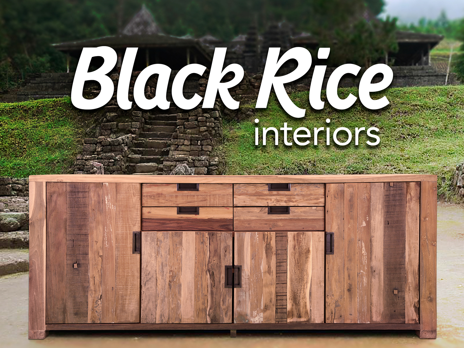 Black Rice Interiors logo reversed white on product image.