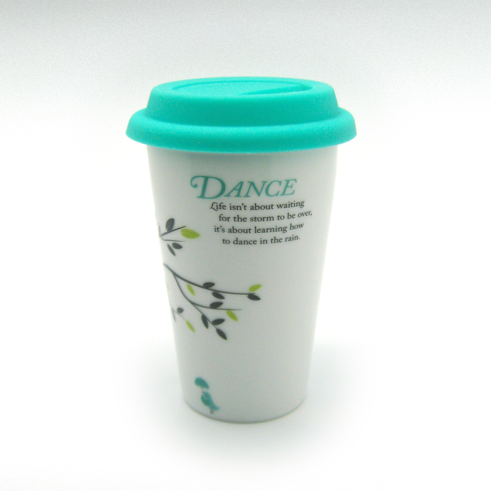 Travel mug with turquoise lid showing inspirational quote.