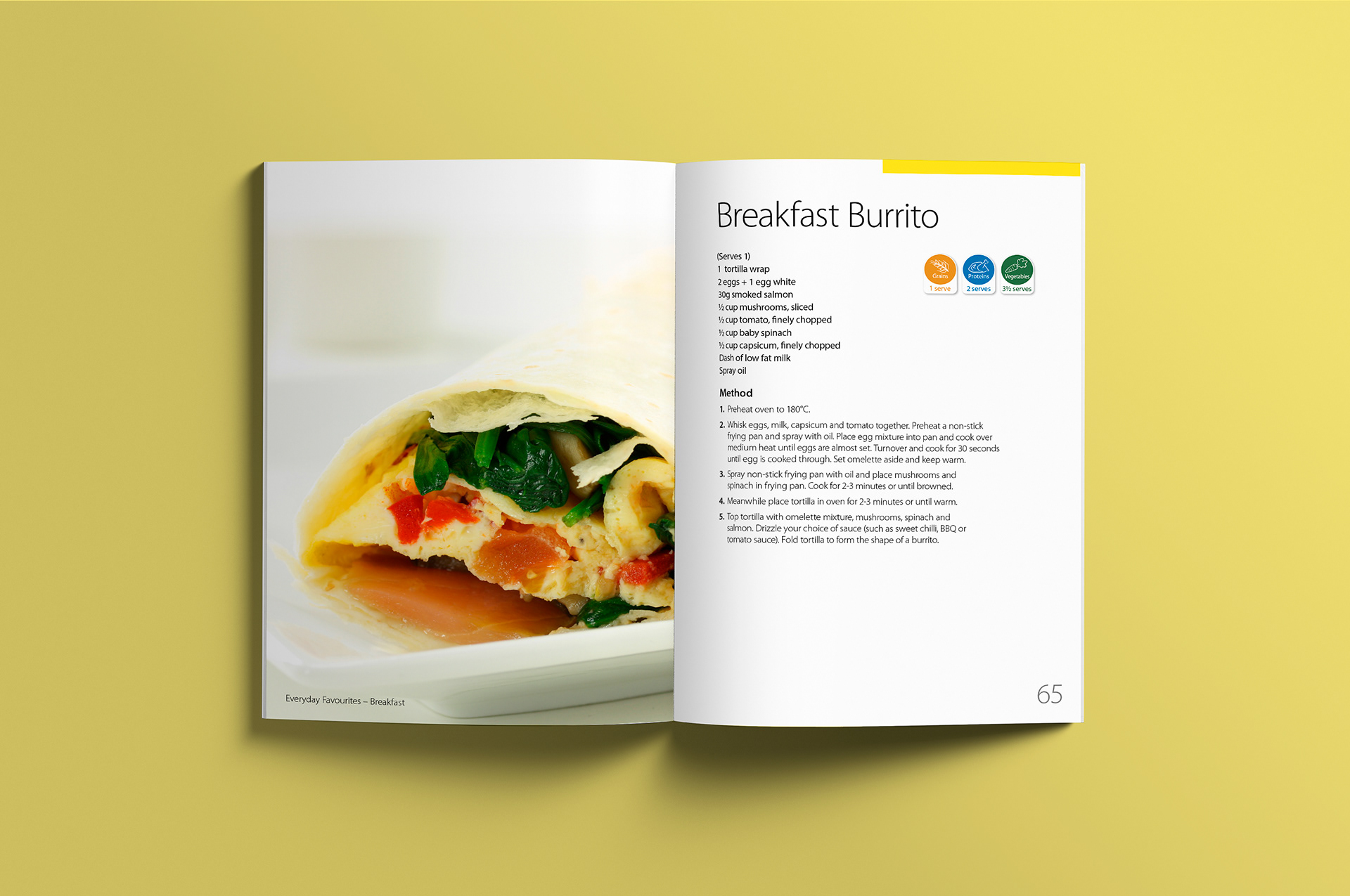 Breakfast burrito recipe with full bleed image on left page and recipe on the right.