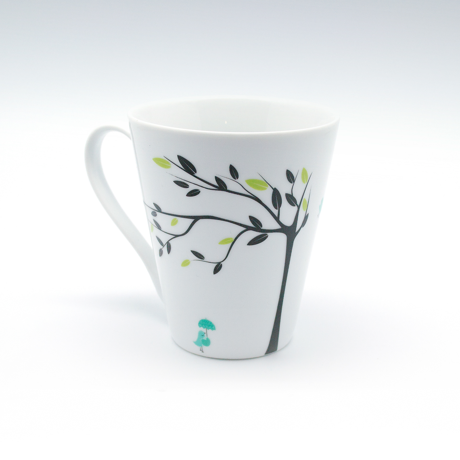 Dance mug opposite side showing bird in tree graphic.