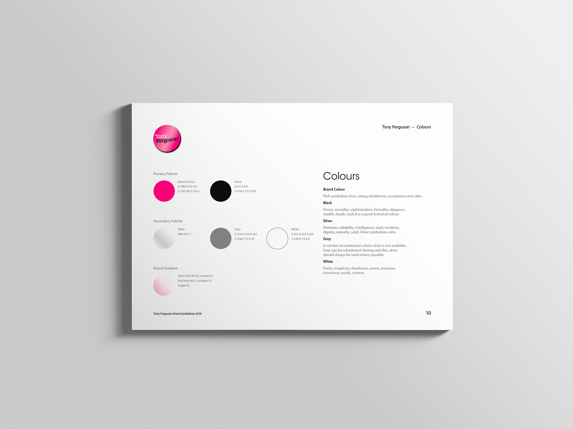 Colour guidelines for the Tony Ferguson brand.