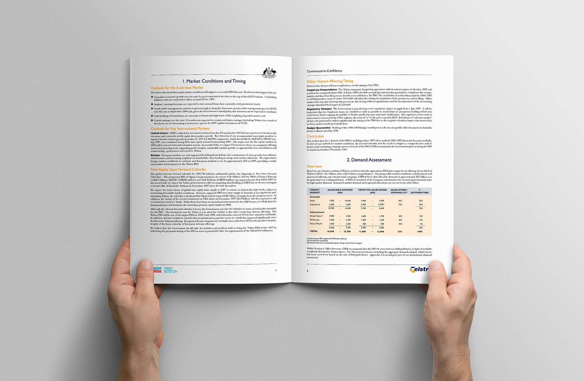 Open double page spread of the Telstra PSO showing paragraph layout and table design.