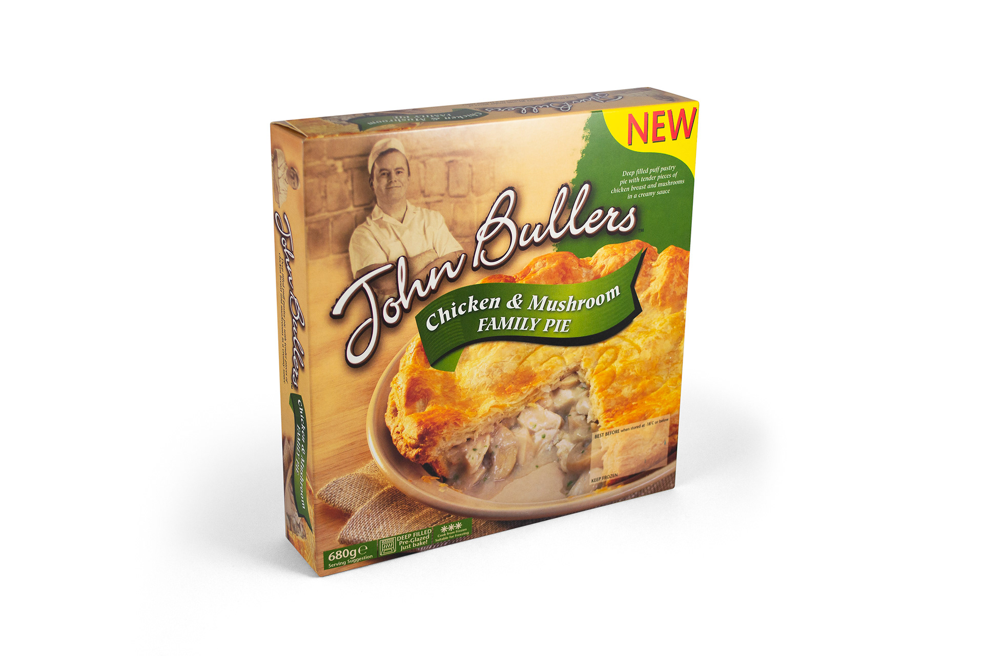 Printed sample of the John Bullers Chicken and Mushroom Pie.