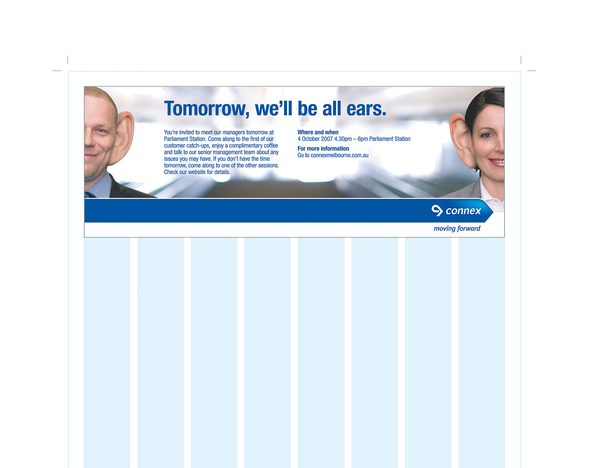 Newspaper strip ad with retouched male model on left and female model on the right.
