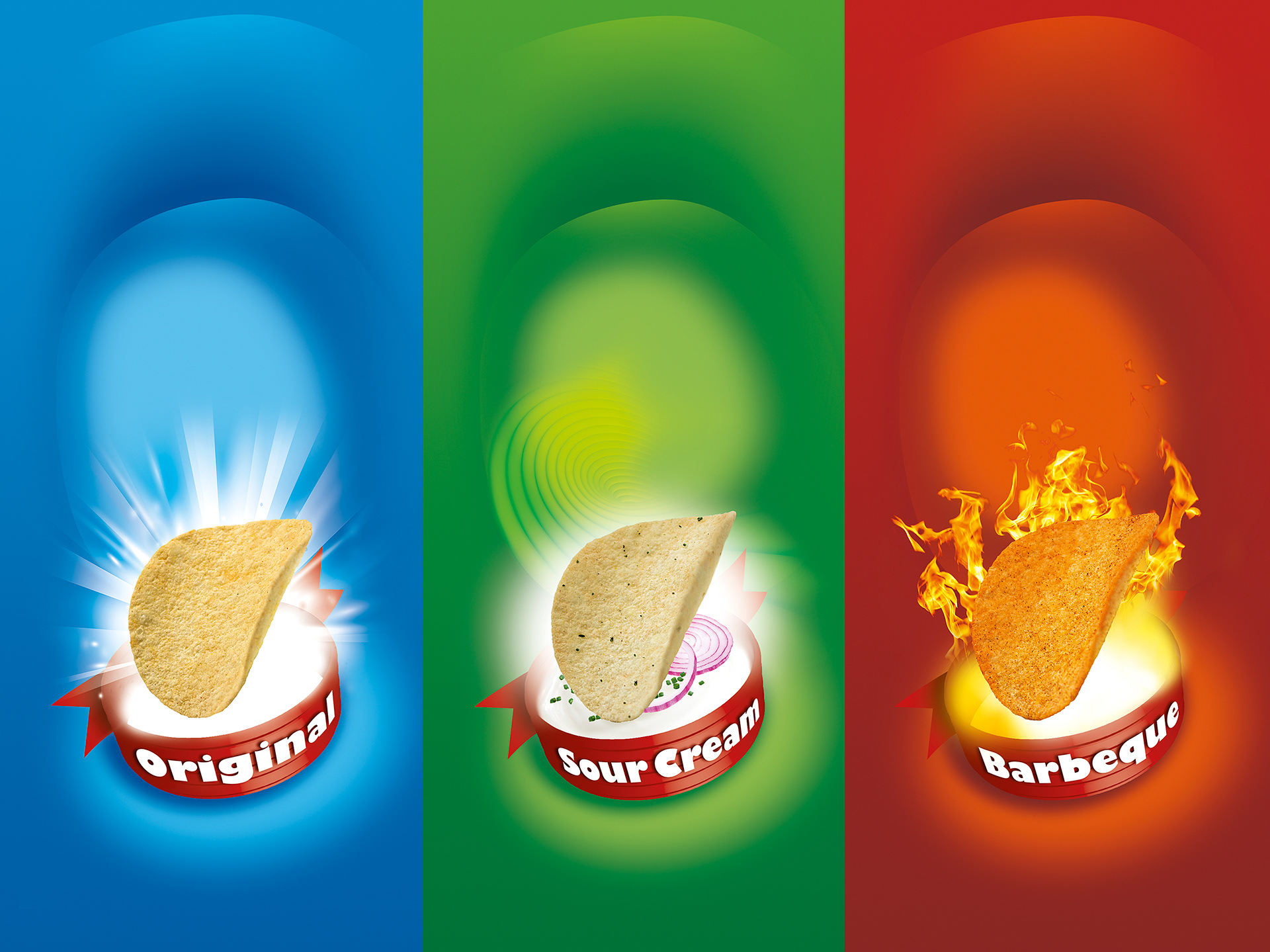 Front of pack backgrounds. Original – blue starburst. Sour Cream – green swoosh. Barbeque – red flames.