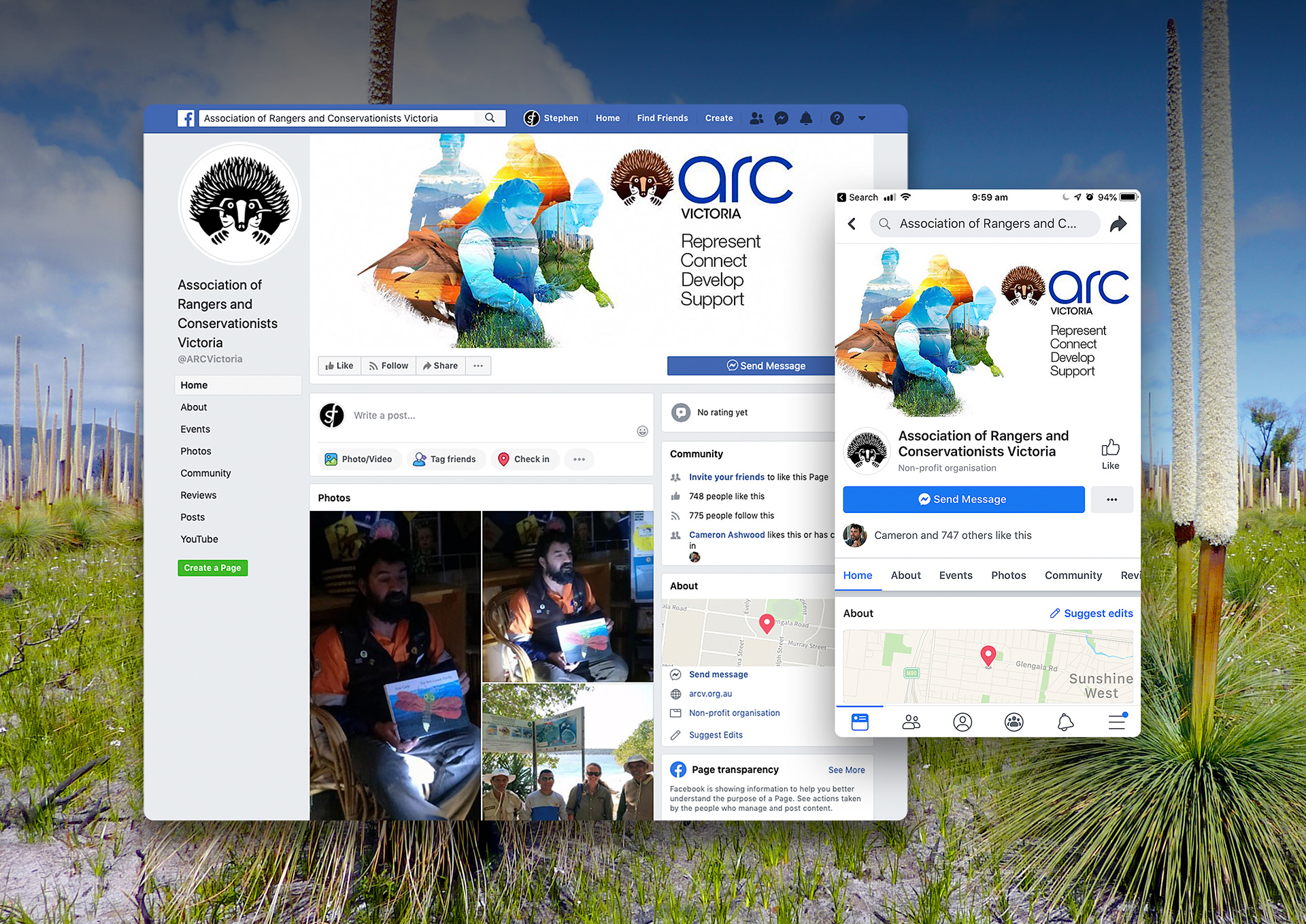 ARCV Facebook page in desktop and mobile view showing banner graphics.