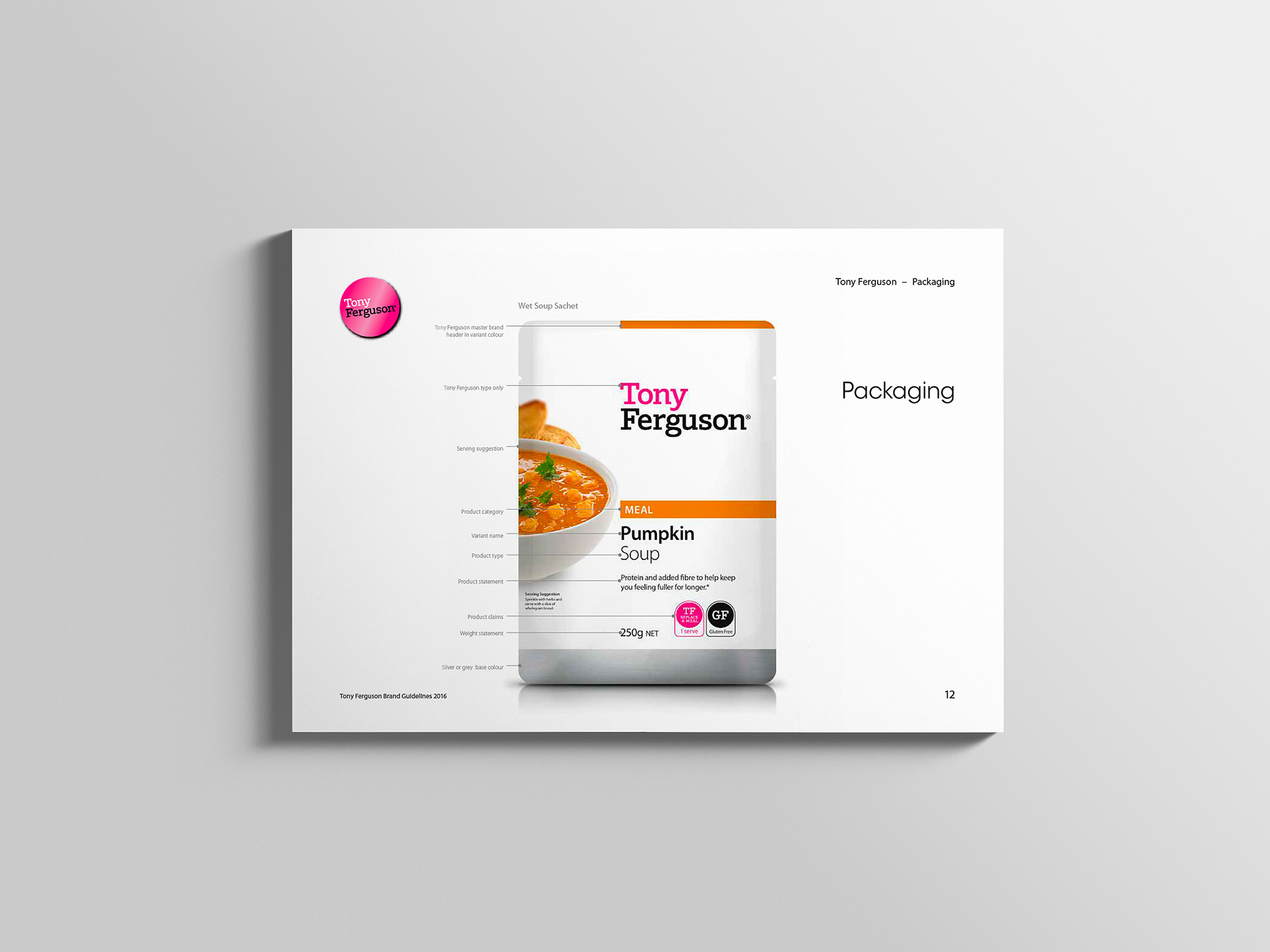 Design guidelines for the Tony Ferguson brand packaging.