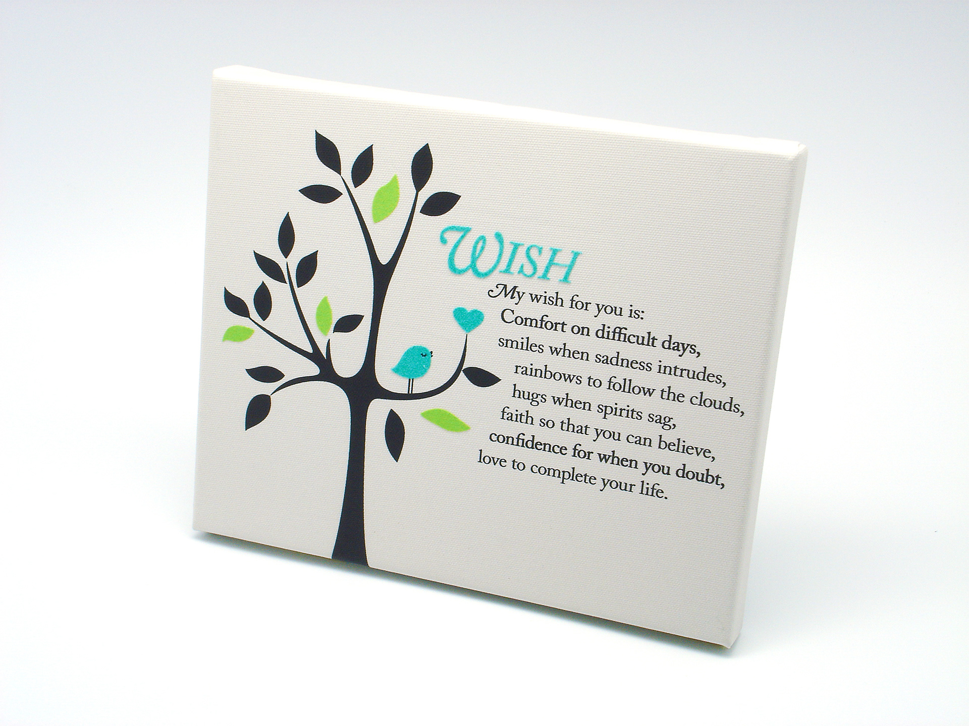 Wish inspirational quote and bird in tree graphic on off white canvas material.