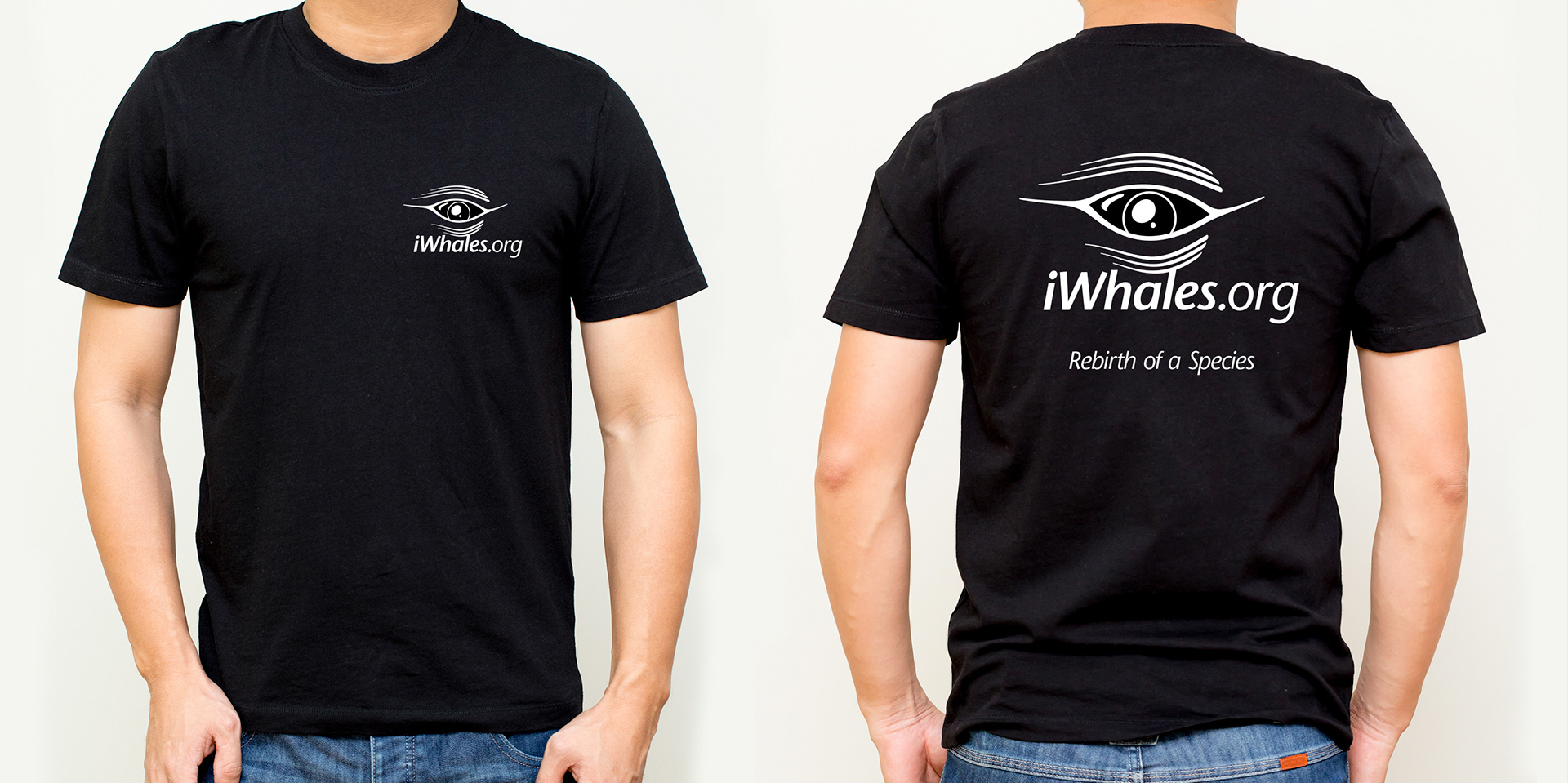 Model wearing black t-shirt sporting a white iWhales.org logo on the breast pocket and across the back of the t-shirt.