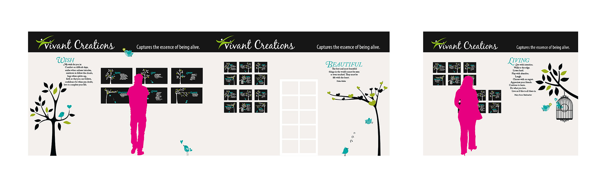 Pre-visualisation of Vivant Creations trade show stand backdrops.