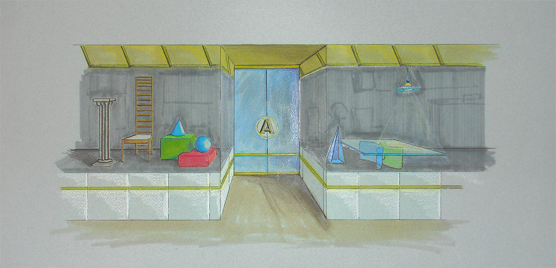 Storefront design concept illustrated in marker and pencil.