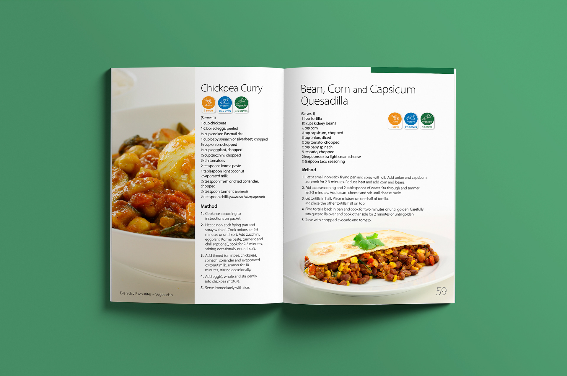 Vegetarian recipes spread across two pages showing ingredients and cooking instructions.
