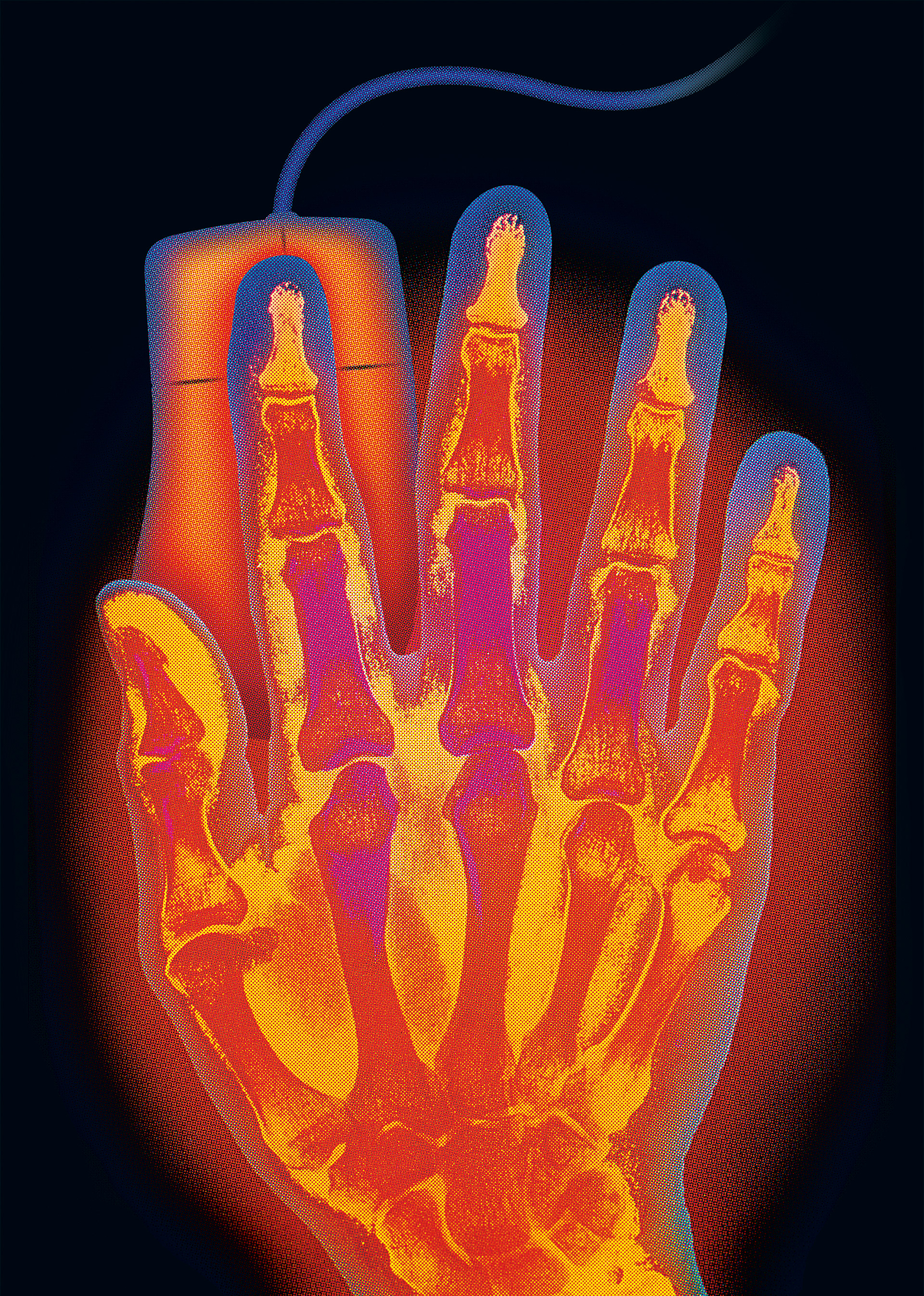 X-ray view of hand using a mouse, colourised in bright orange, yellow, and magenta with strong halftone effect.