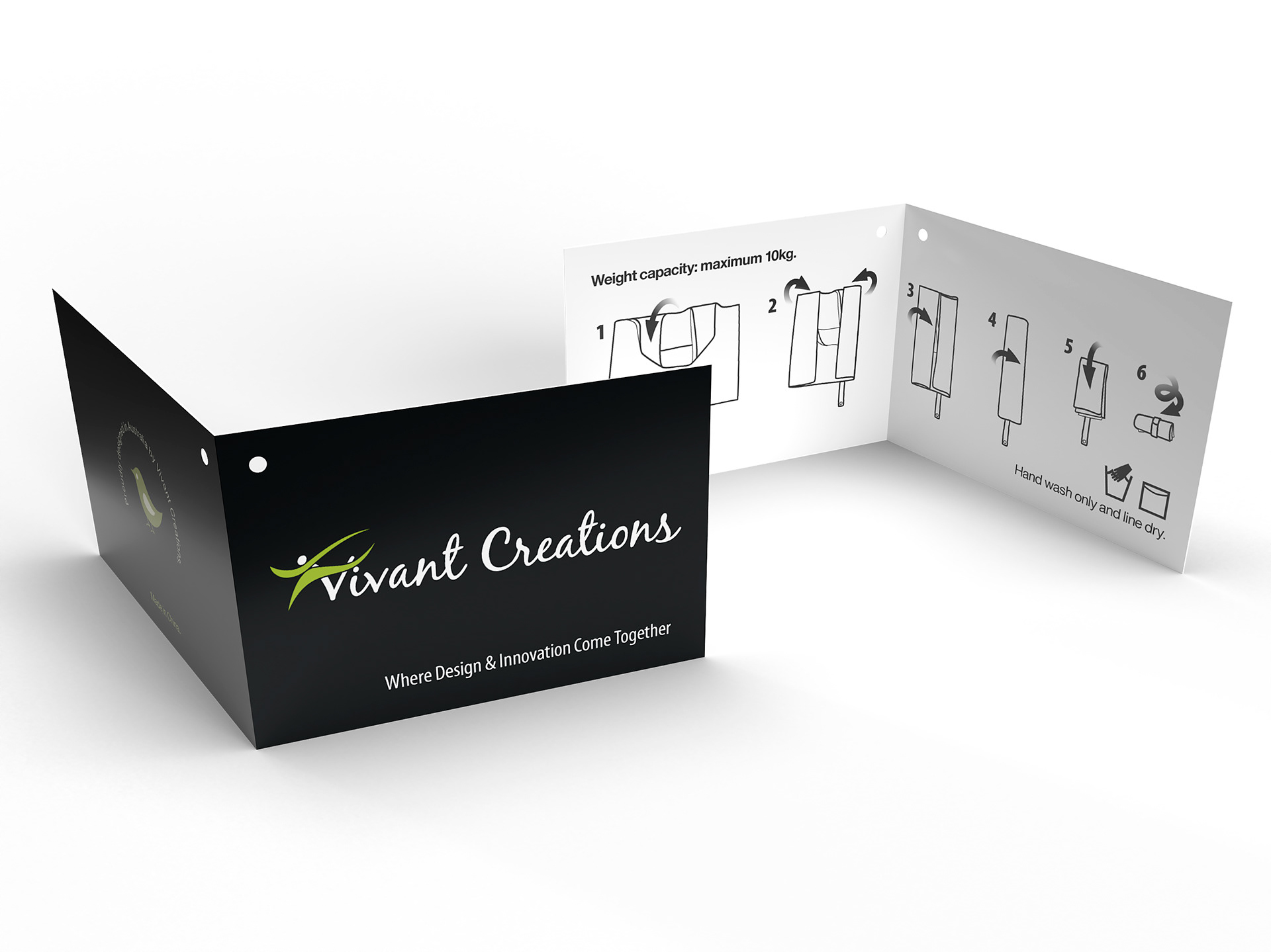 Shopping bag swing tag with folding instruction illustrations inside.