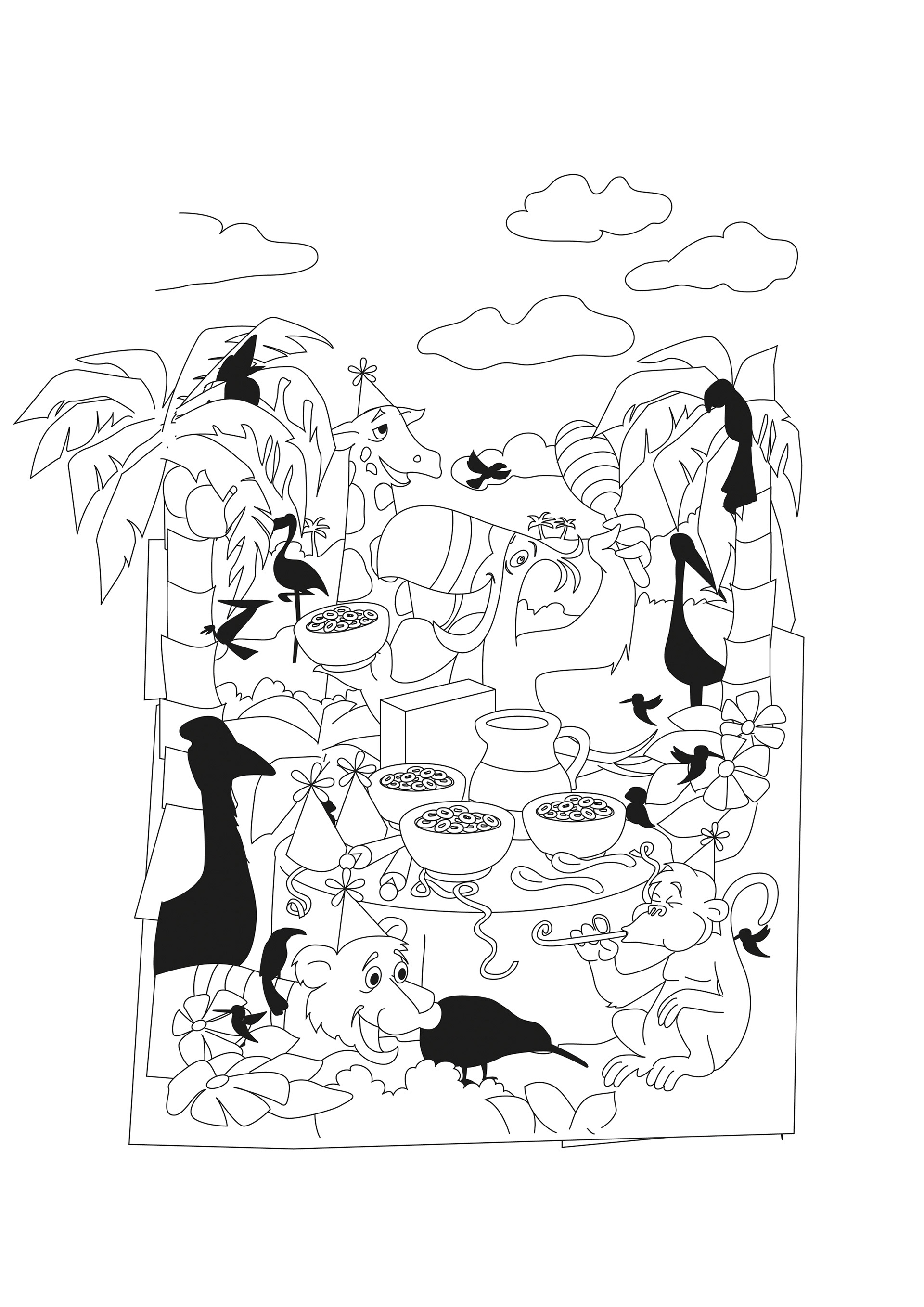 Black and white linework illustration showing hidden bird positions.