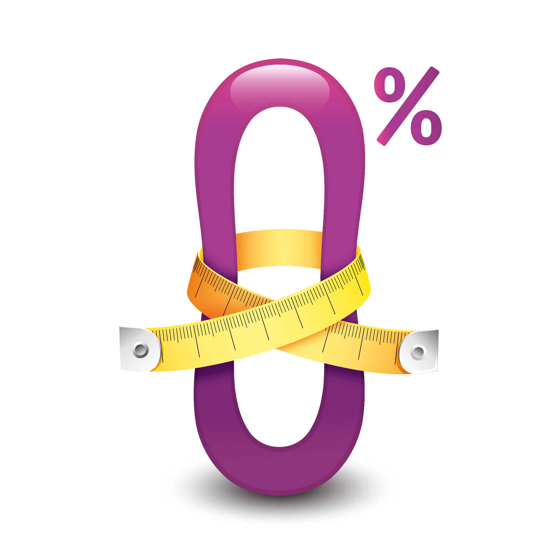 Purple zero percent figure with measuring tape wrapped around it squeezing the character into a thin shape.