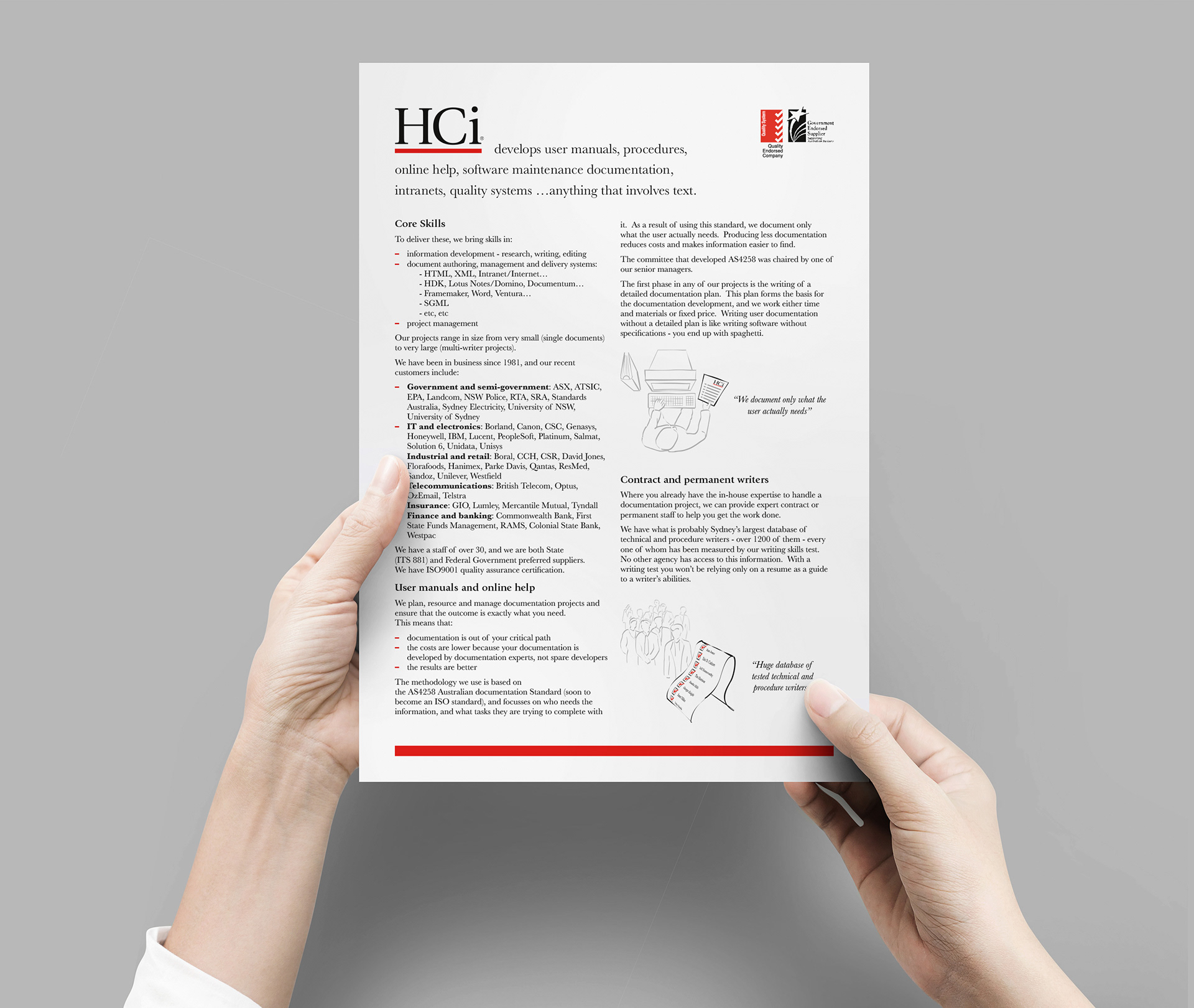Hands holding out a HCi sales brochure.
