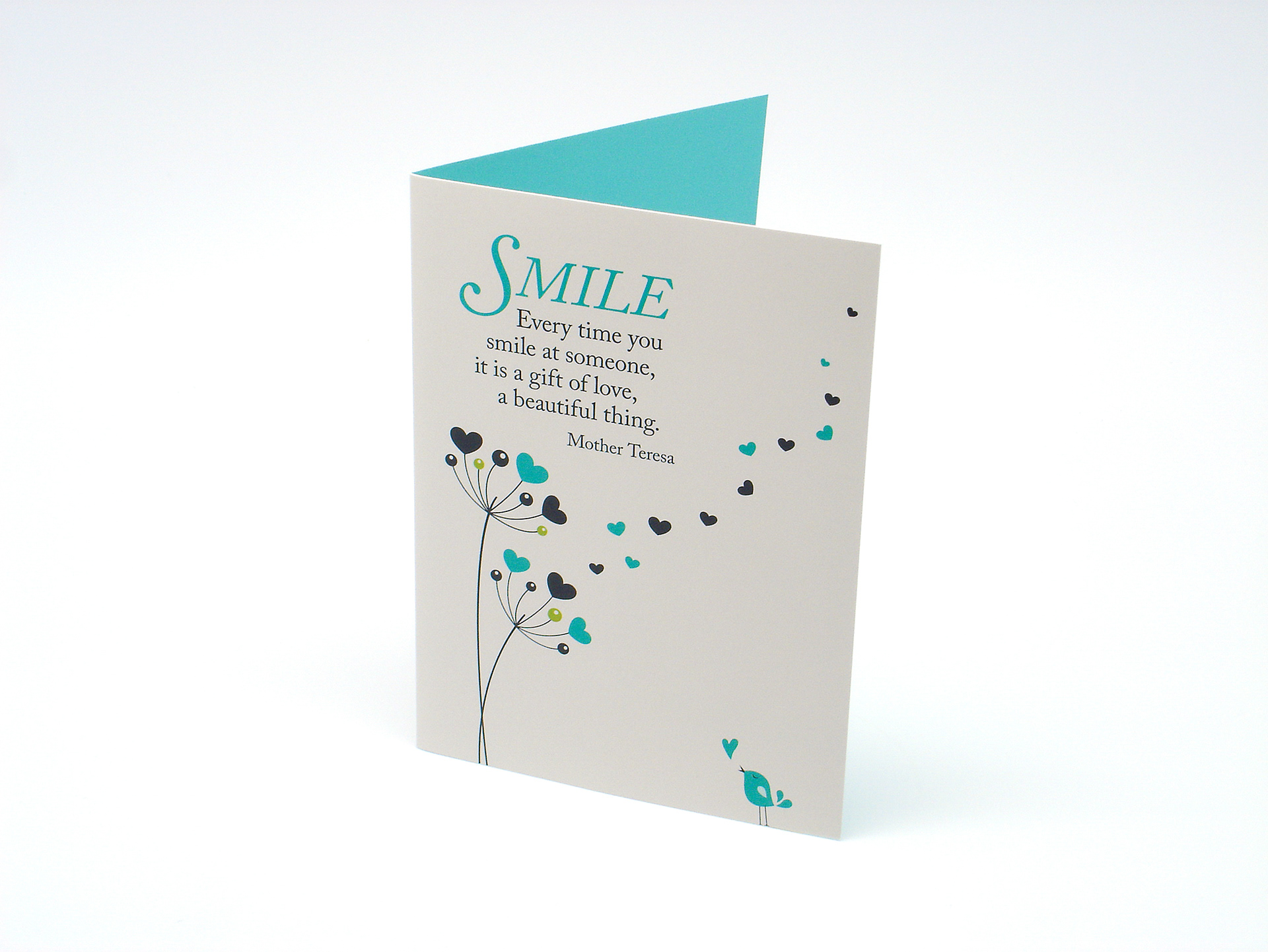 Smile inspirational quote with bird and tree graphic on off white card.