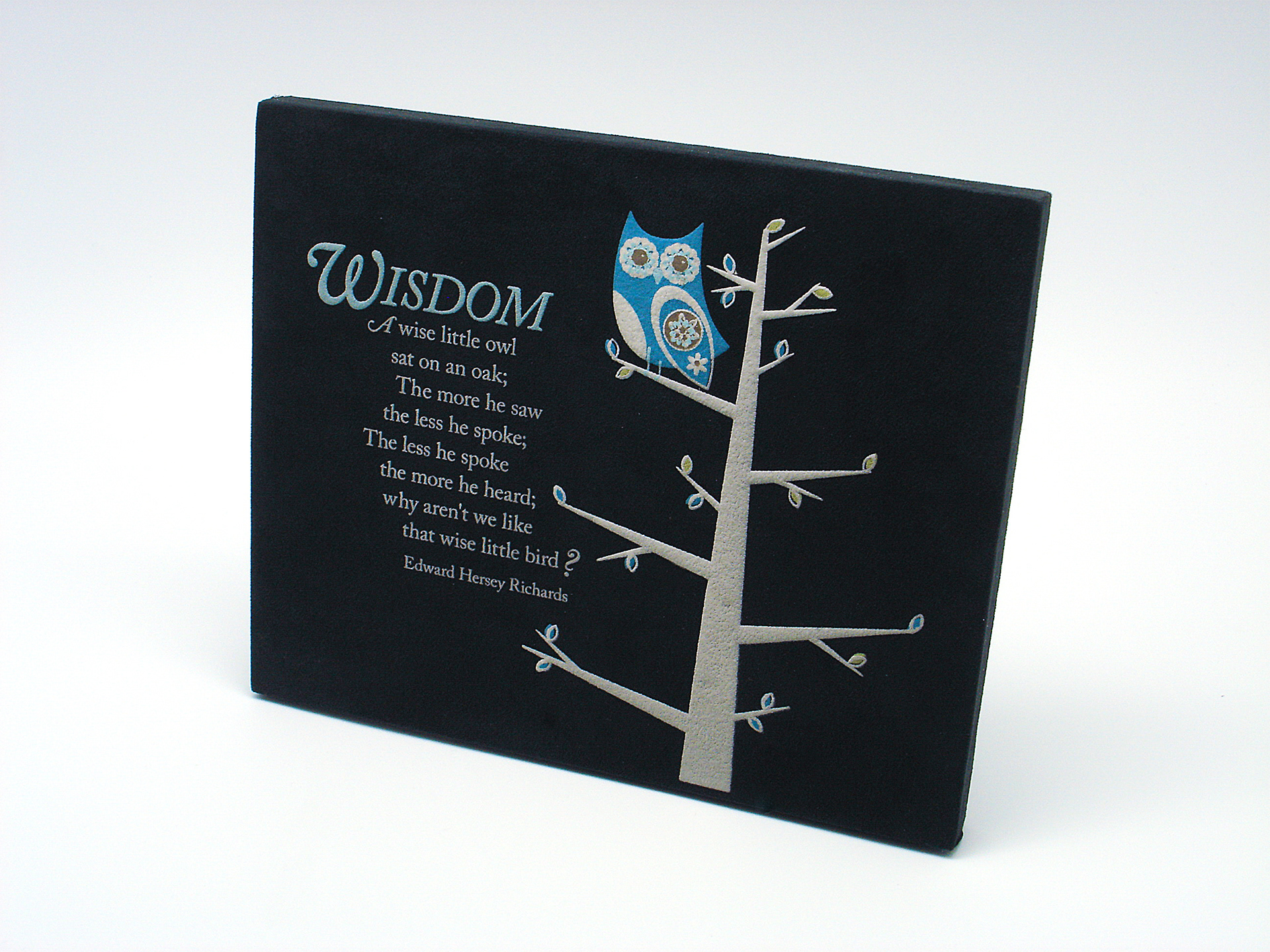 Wisdom inspirational quote and owl in tree graphic on black canvas material.