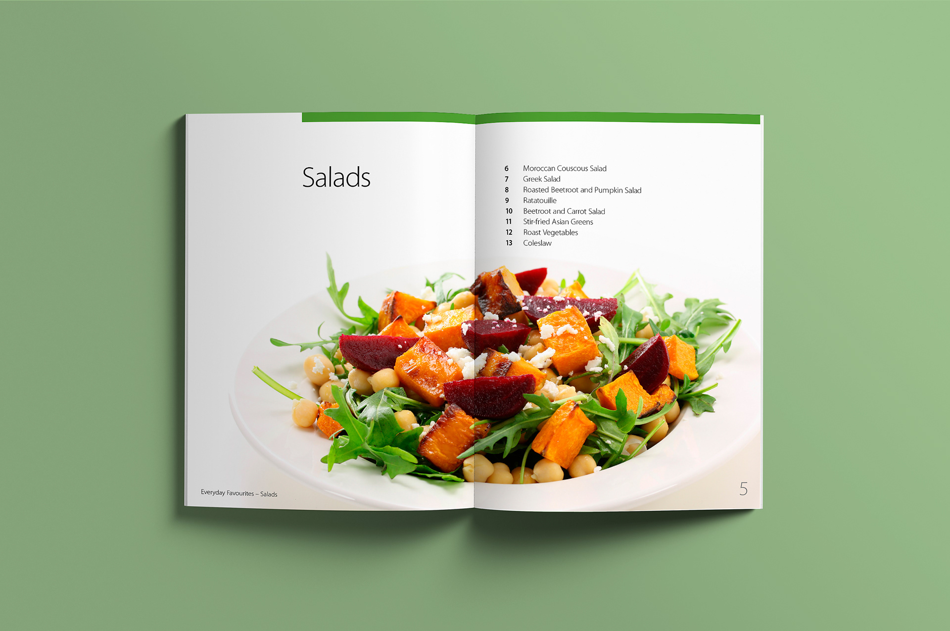 Salads section start double page spread with heading on left and contents list on right.