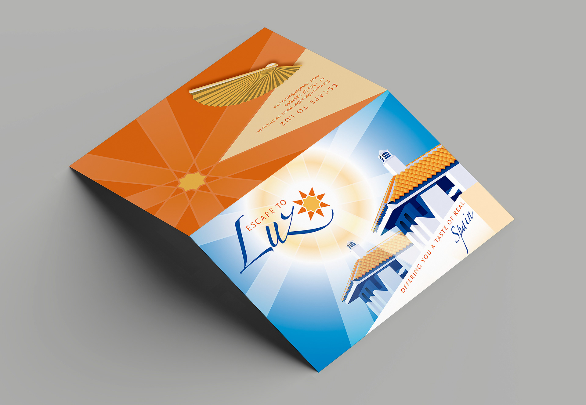 Escape to Luz illustrated brochure cover with orange coloured back cover including an illustration of a Spanish fan. 