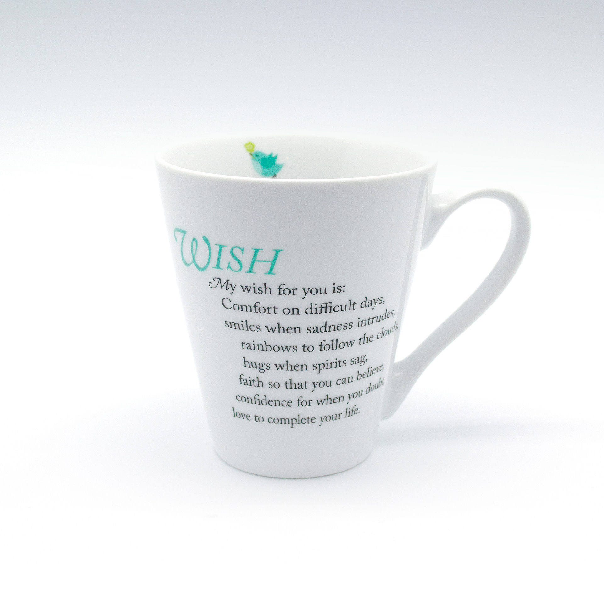 Wish mug inspirational quote side with bird on inner lip.