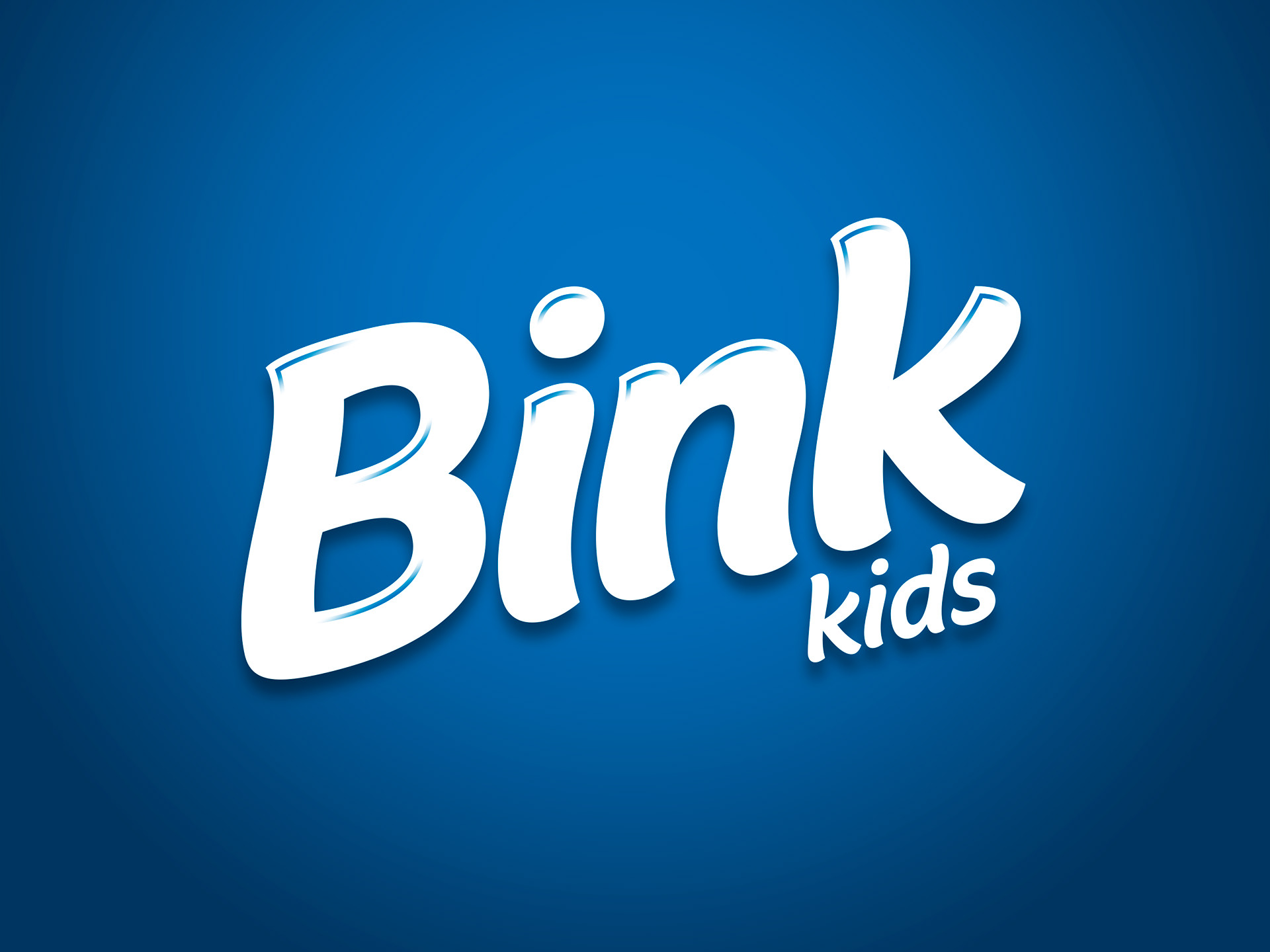 Bink Kids primary logo reversed white on shaded blue background.