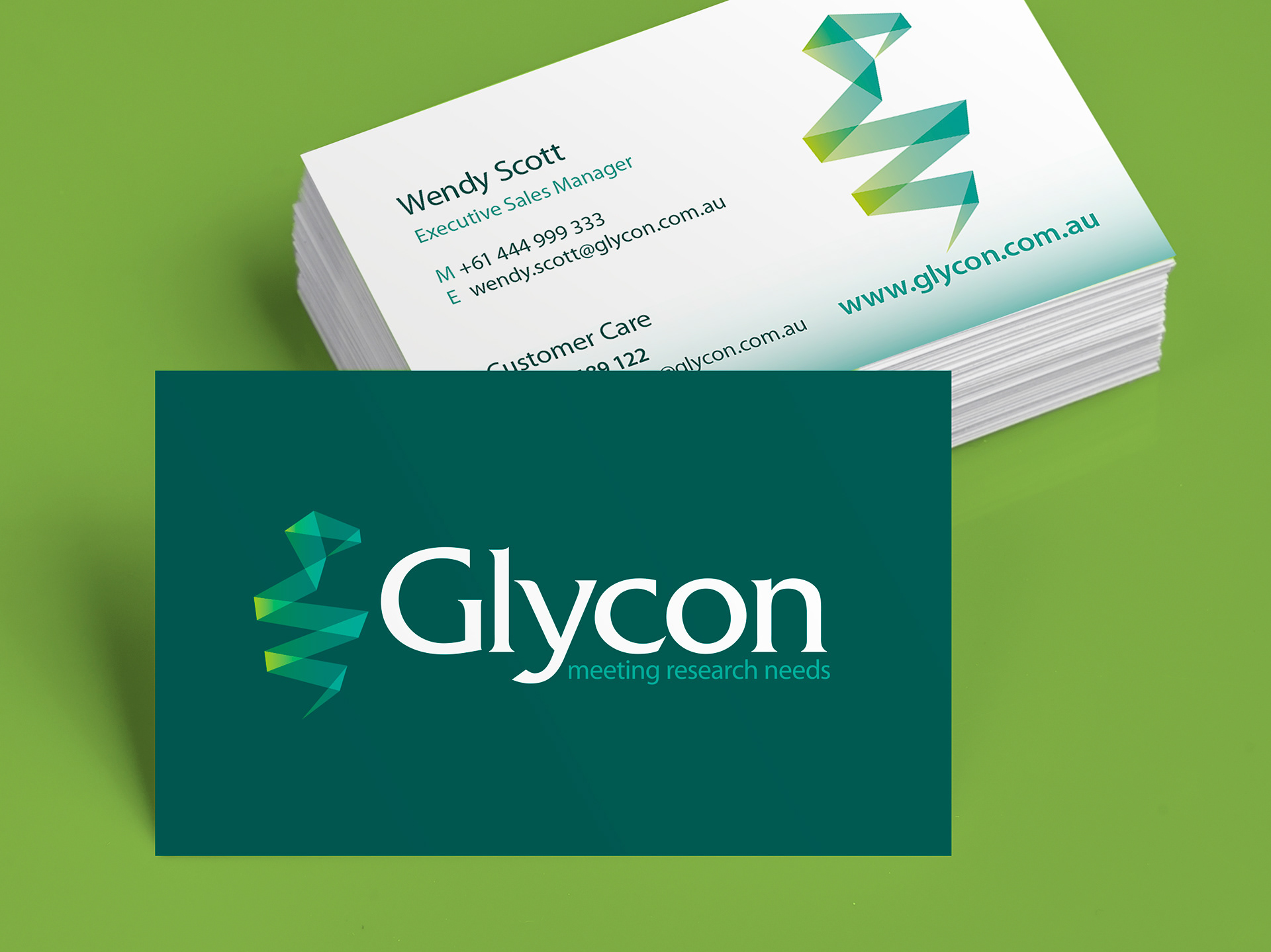 Glycon business cards showing the standard and reversed versions of the brand identity.