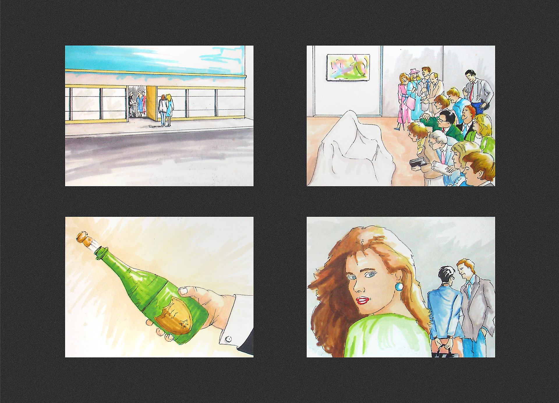 Opening scenes for television commercial shown in storyboards.