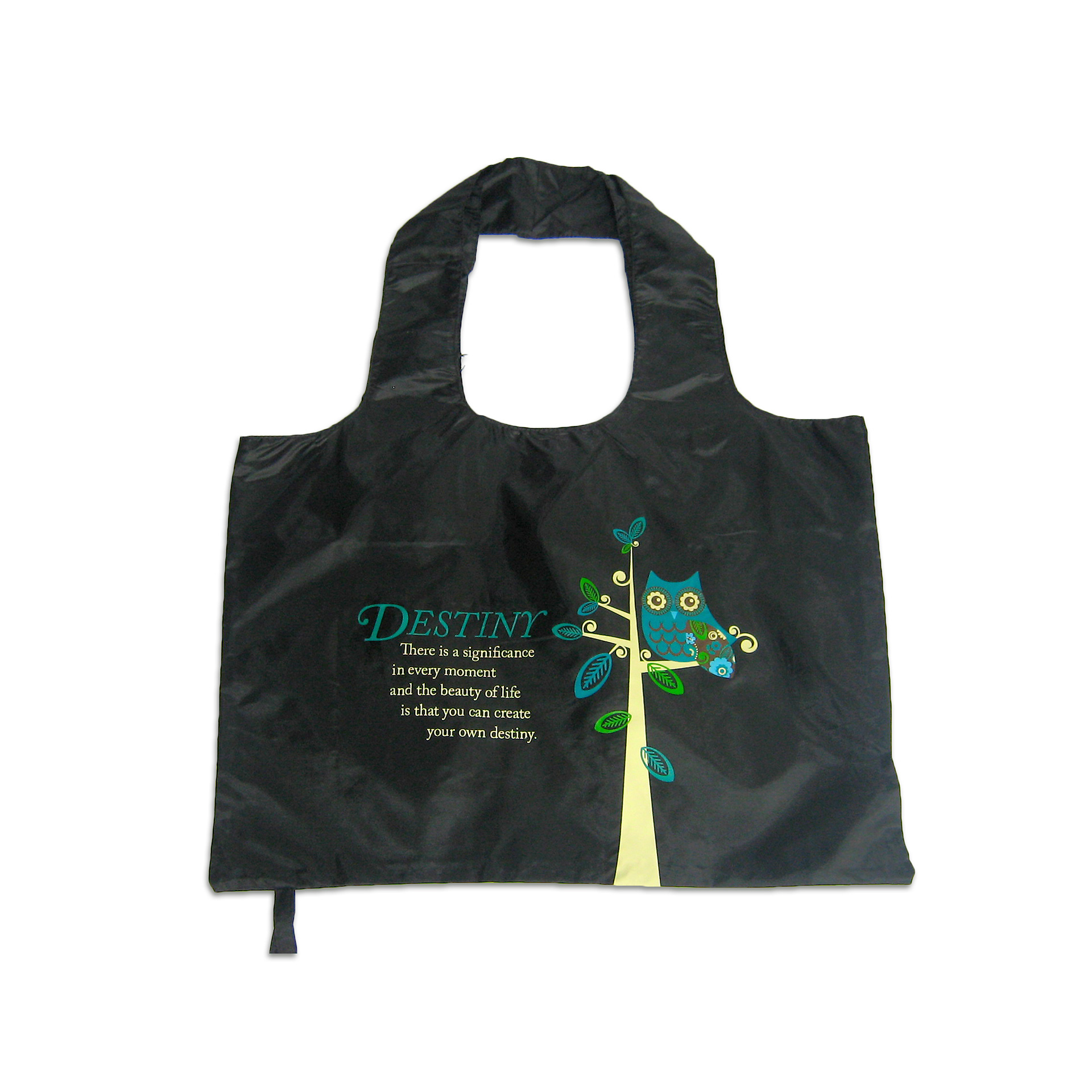 Destiny inspirational quote and owl graphic on black shopping bag.