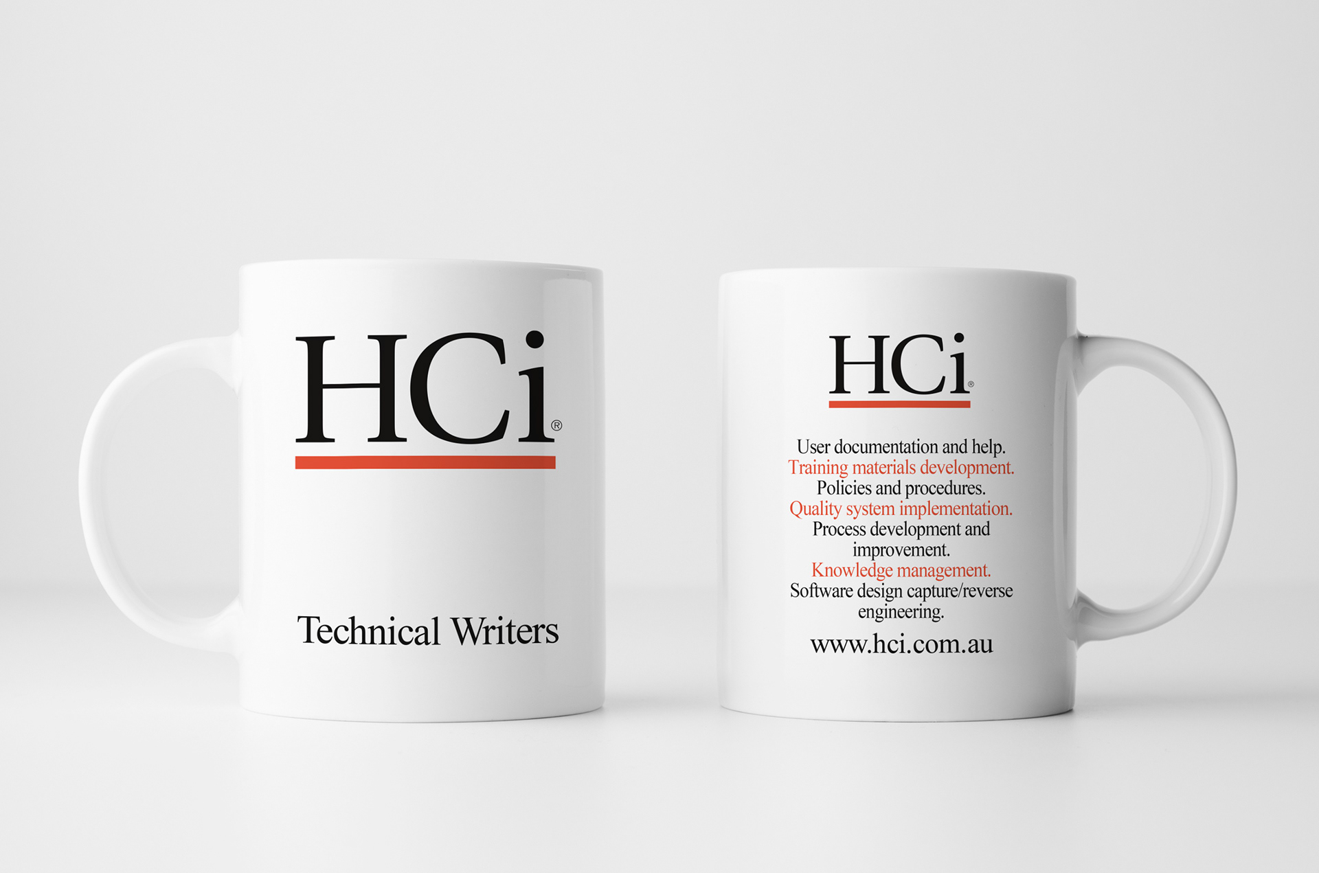 Branded mug with logo on one side and services list on the other.
