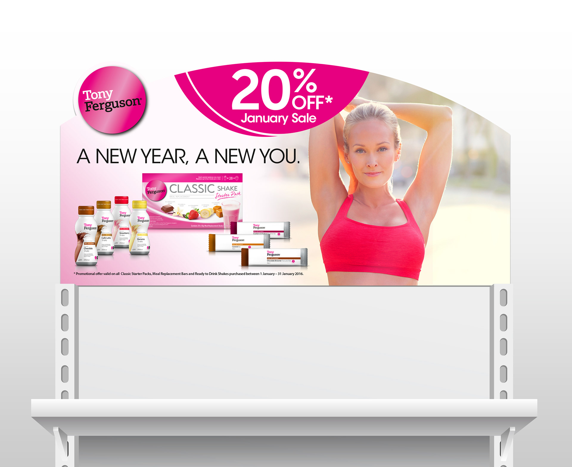 Header card for the Tony Ferguson January Sale in place on End-shelf.