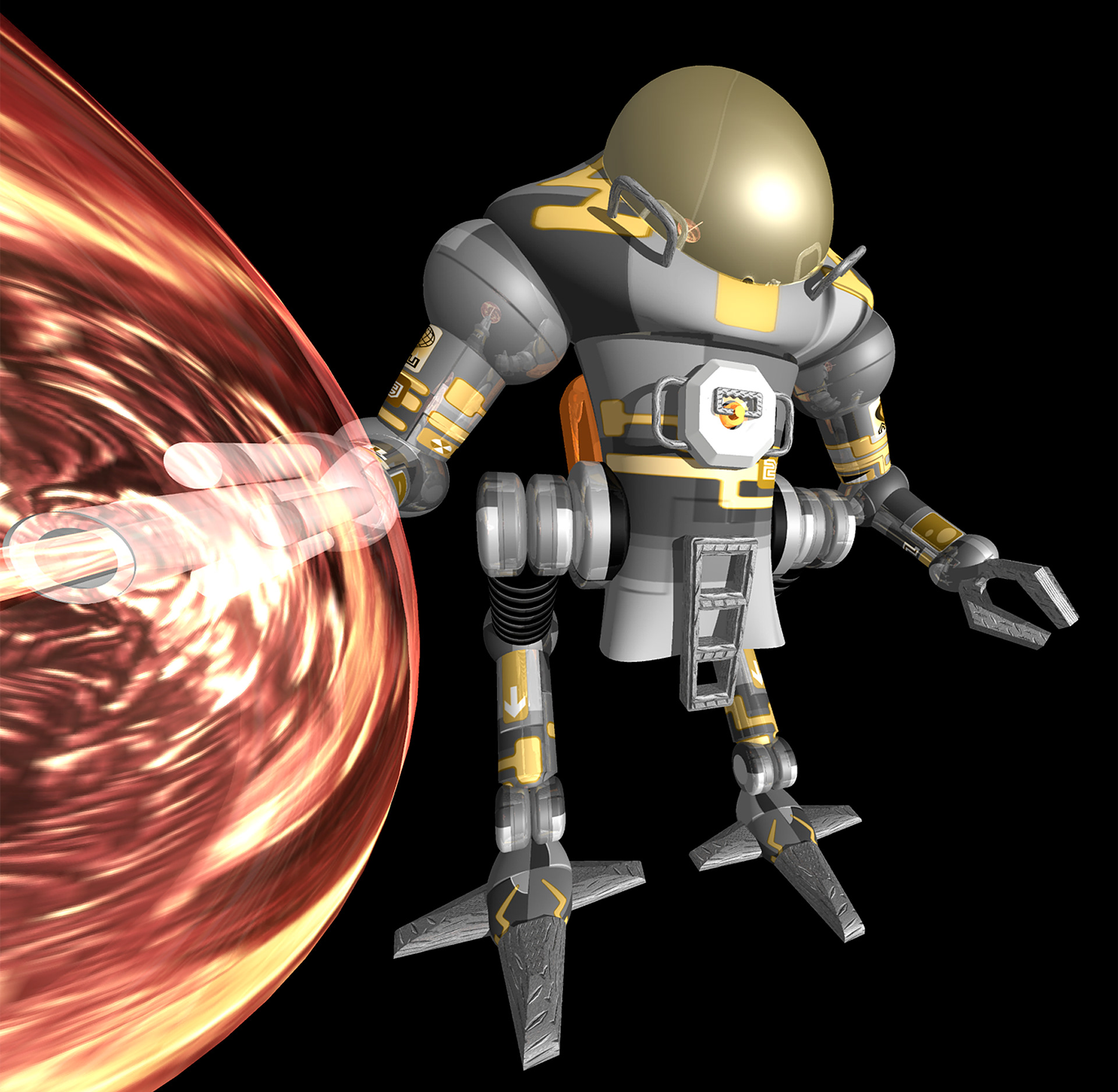 Exoskeleton mech spacesuit with mining attachment on one arm blasting a high energy beam.