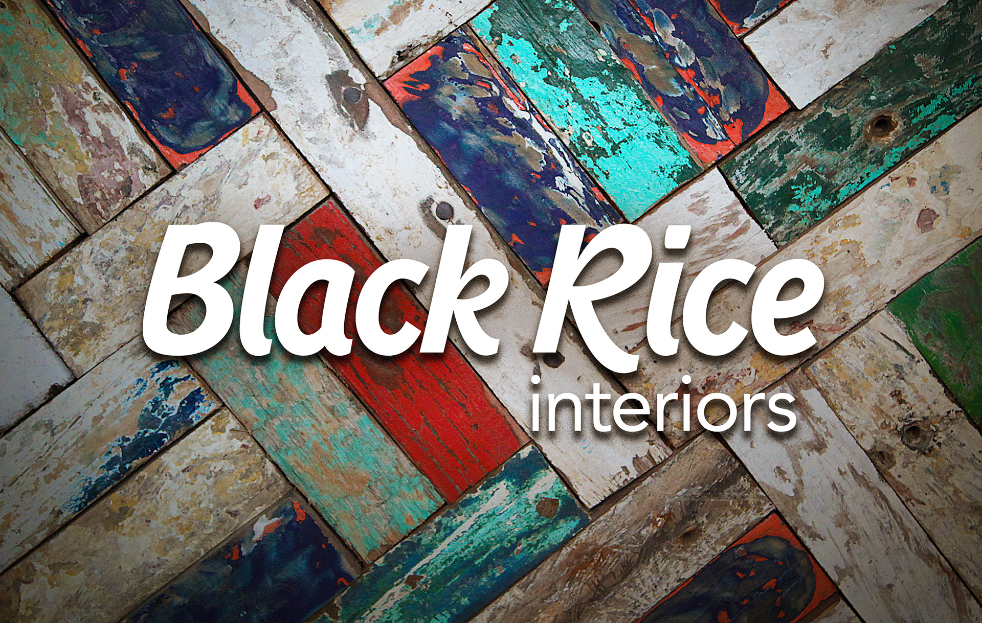 Black Rice wordmark lockup reversed white on product texture.