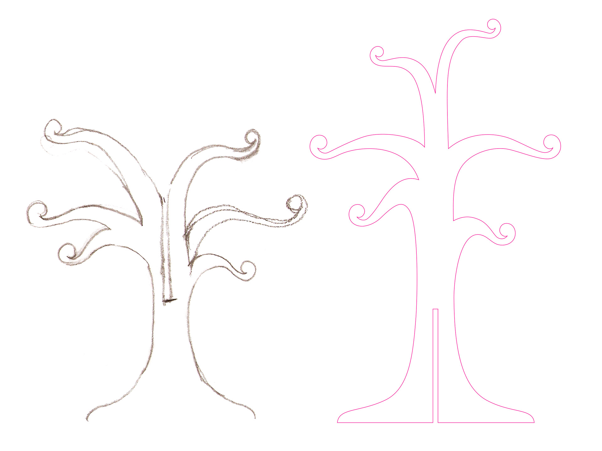 Initial sketch of the tree design next to the final artwork.