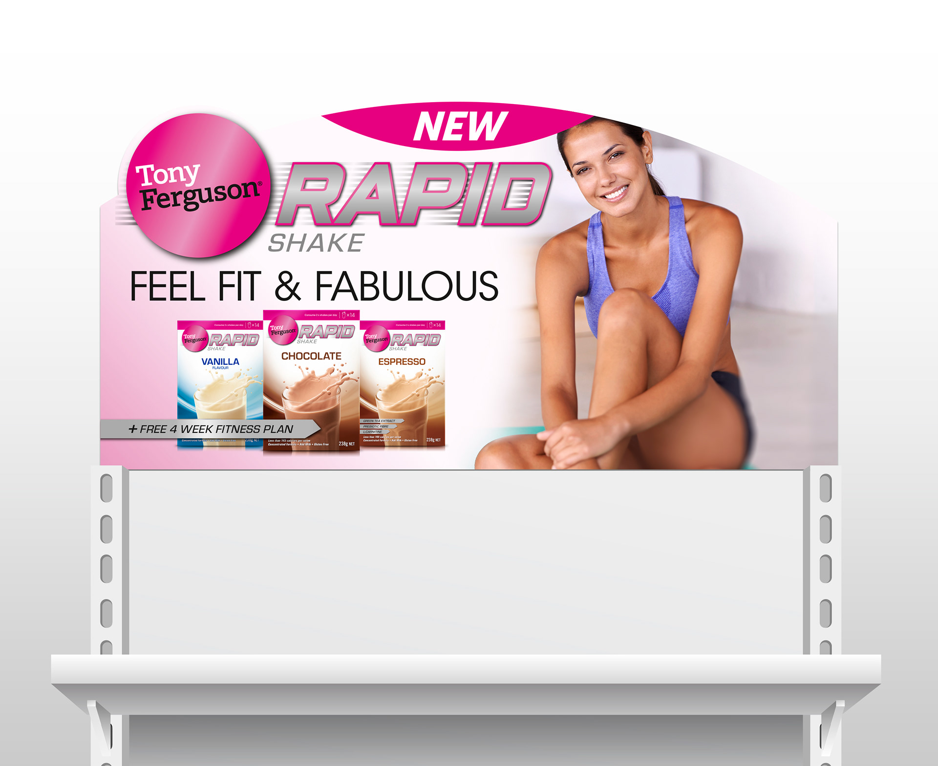 End-shelf Header Card for the Tony Ferguson Rapid Shake product promotion.