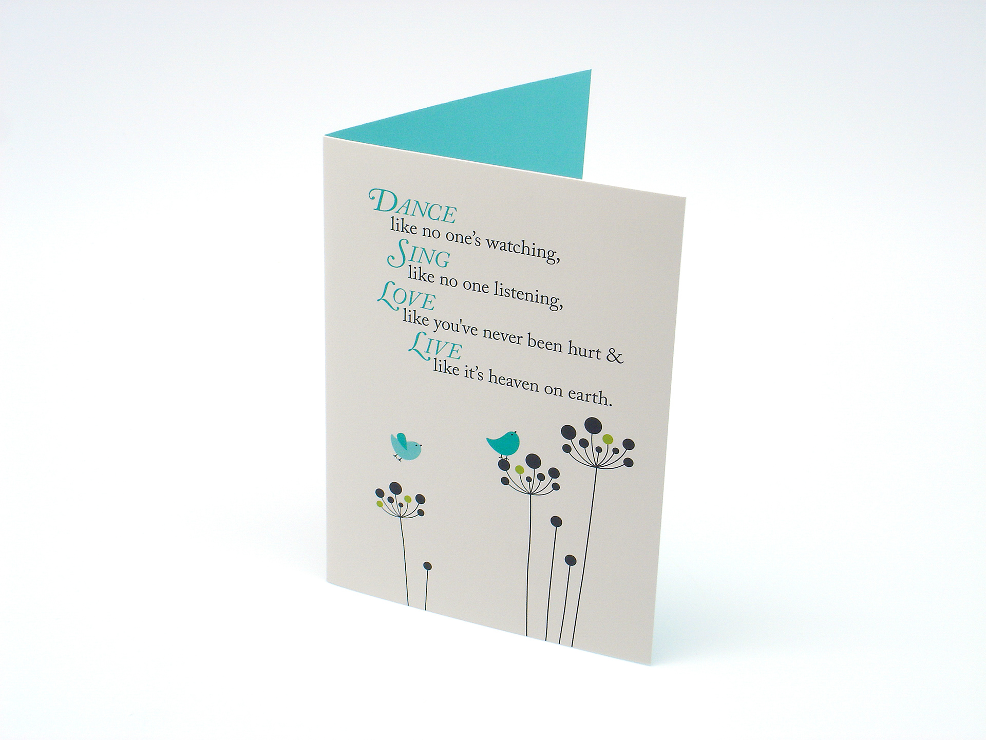 Dance inspirational quote with bird and tree graphic on off white card.