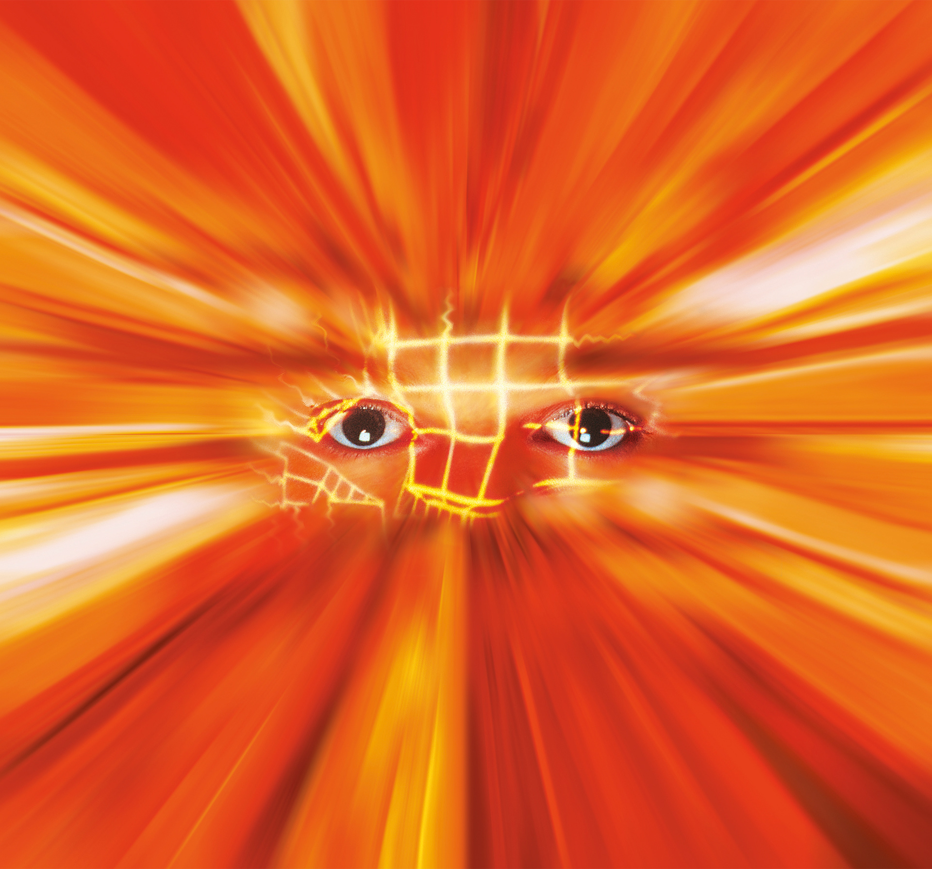 Eyes covered with electric glowing mesh peering through a rushing tunnel of fiery red and orange movement.