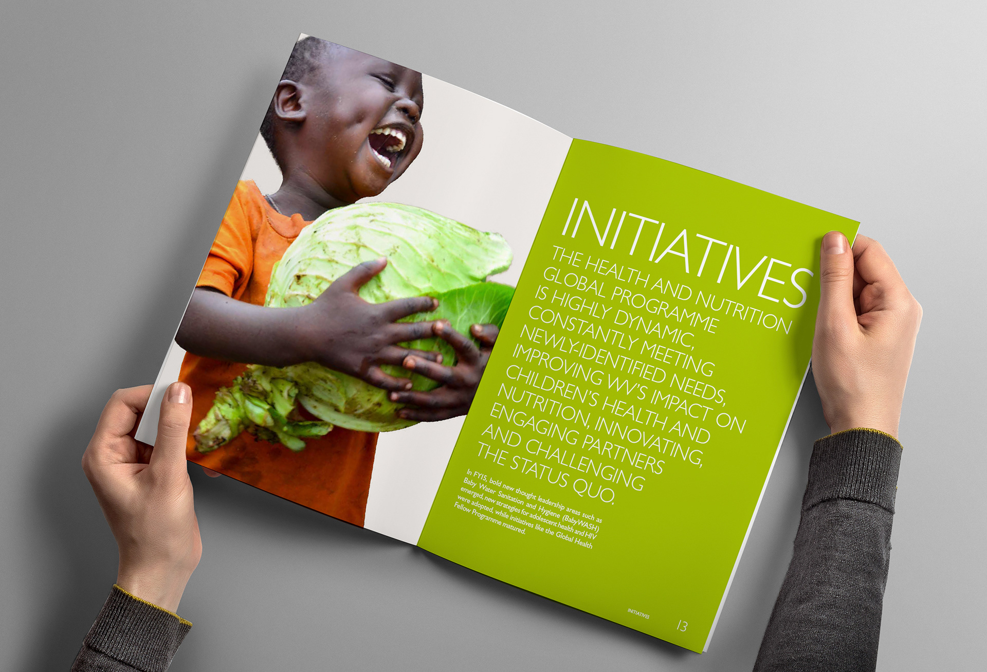 Initiatives section spread with laughing boy on left and intro copy on a green background to the right.