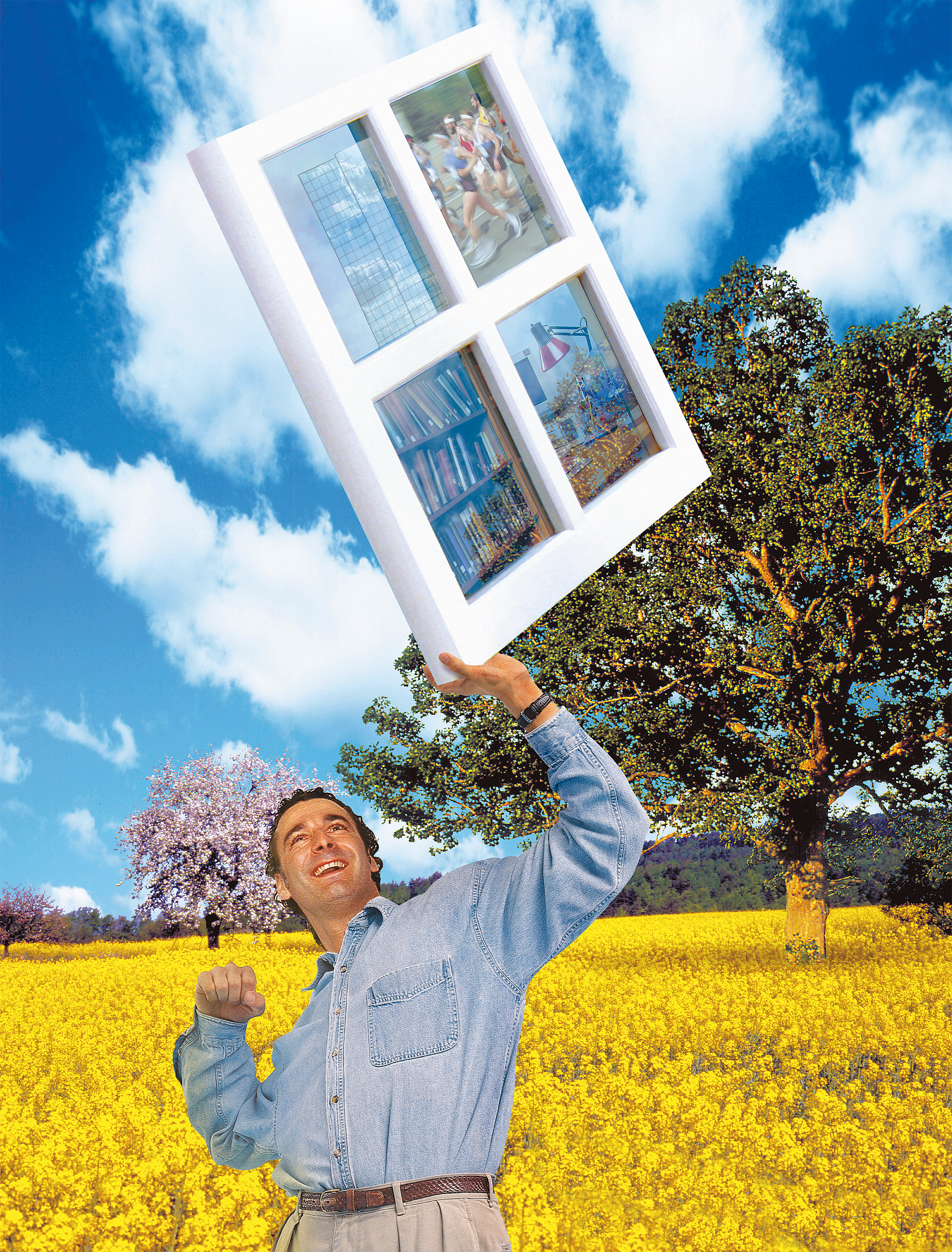 Triumphant man standing in an open field holding a window frame above his head.