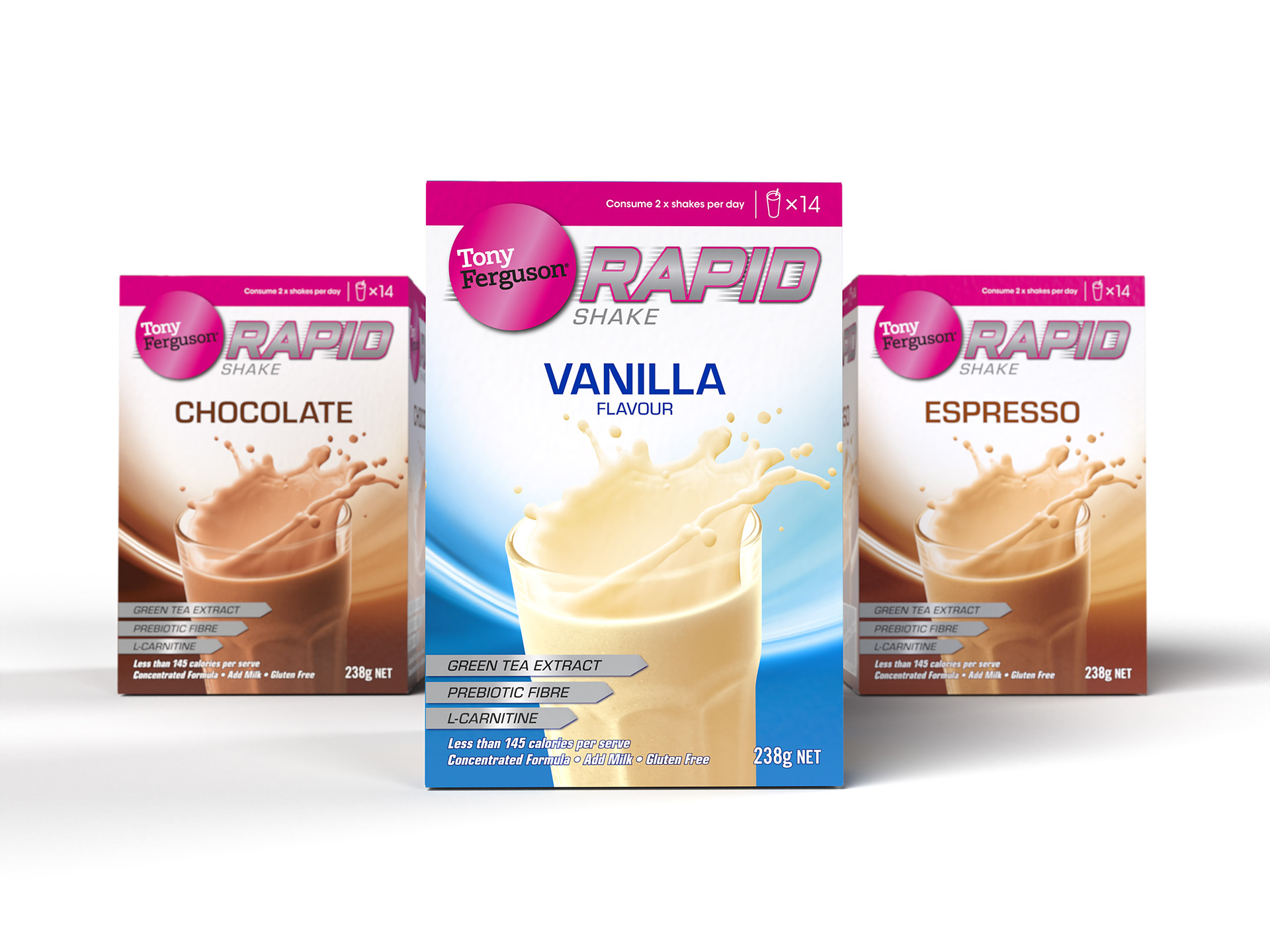 The Tony Ferguson Rapid Shake range product packaging for Chocolate, Vanilla Flavour and Espresso variants.
