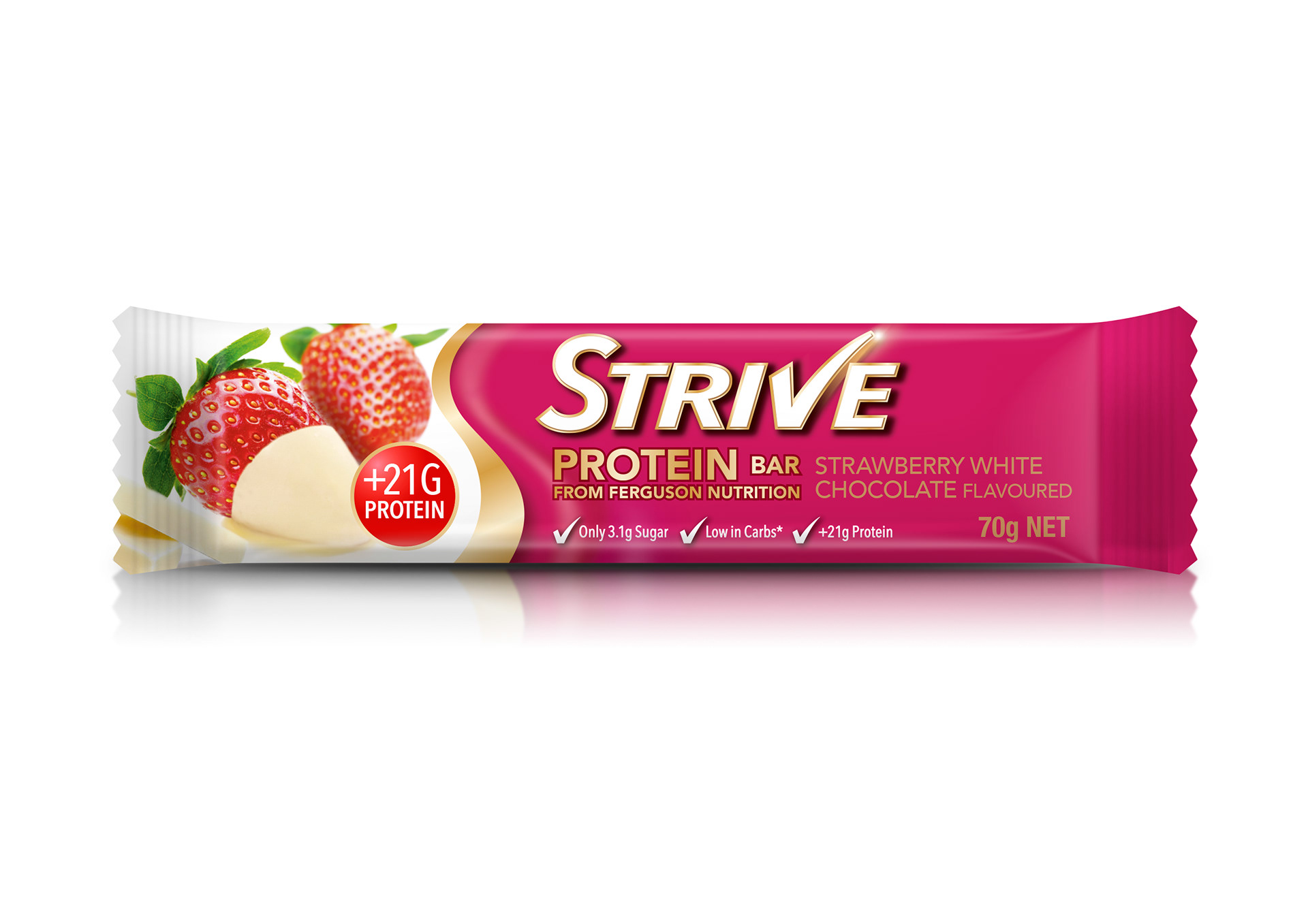 Completed Strawberry Flavoured Strive Protein Bar product render.