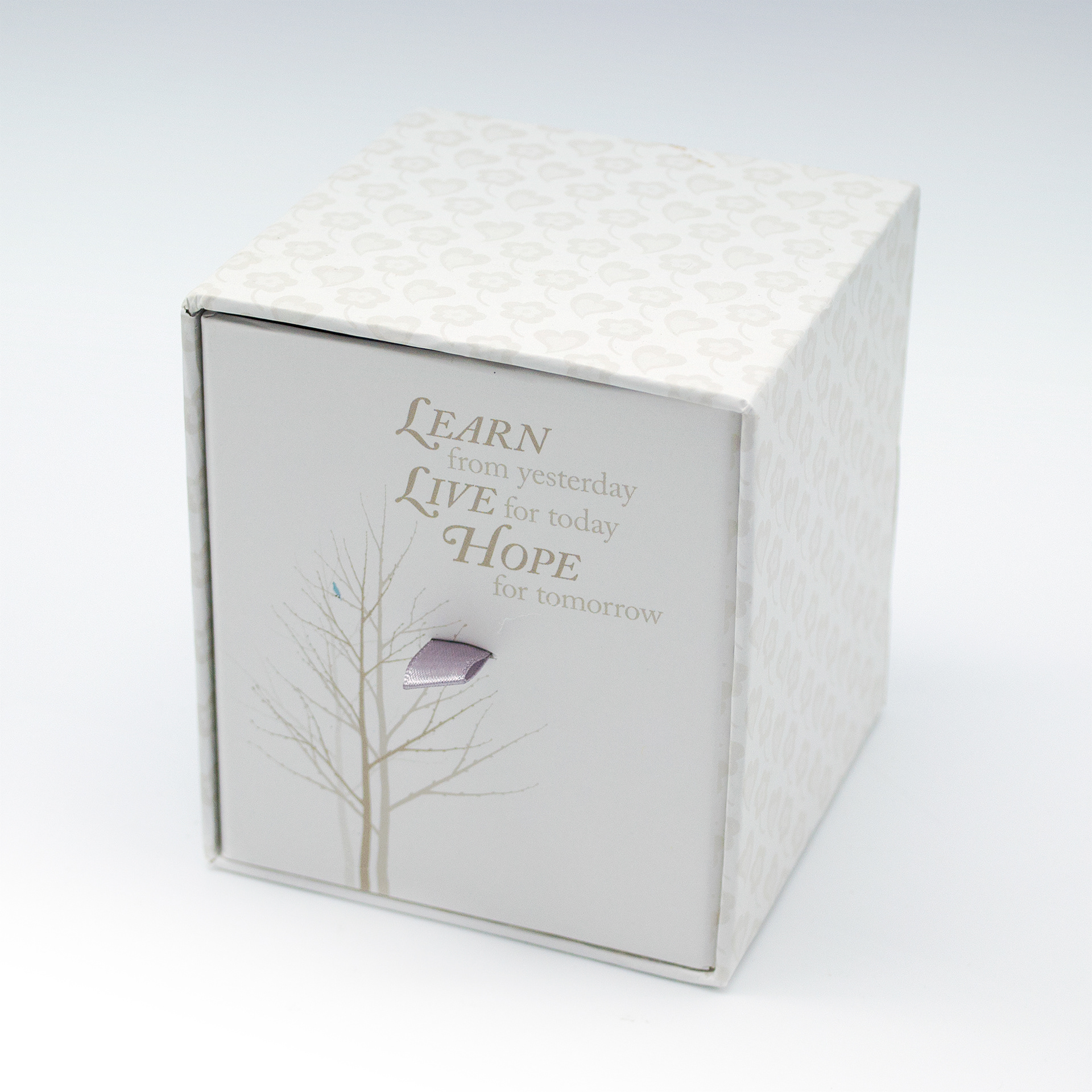 Learn - type and illustration composition on scented candle box packaging.