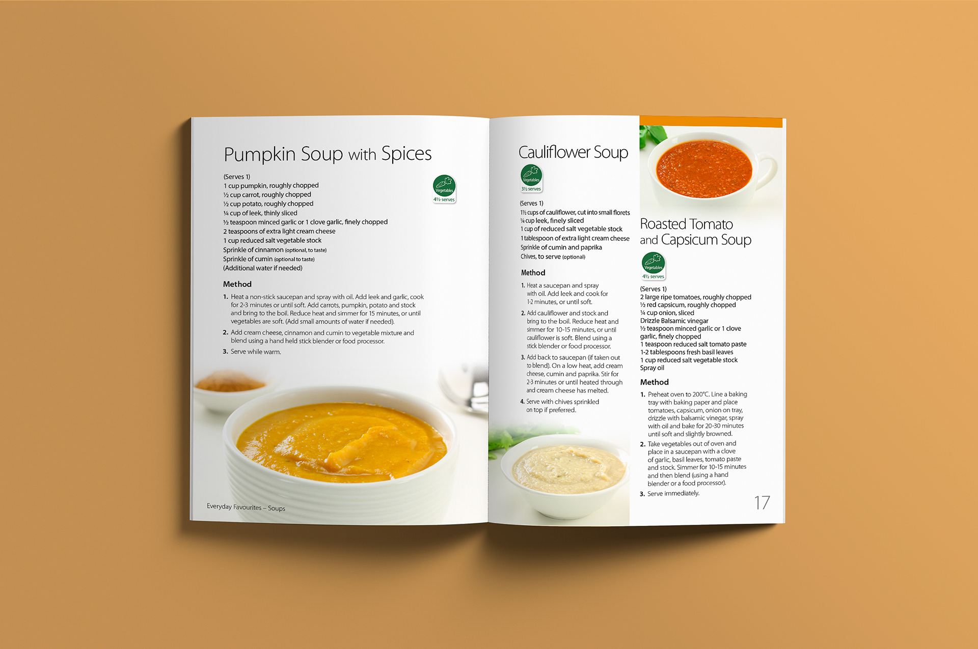 Soup recipe double page spread showing running footer.