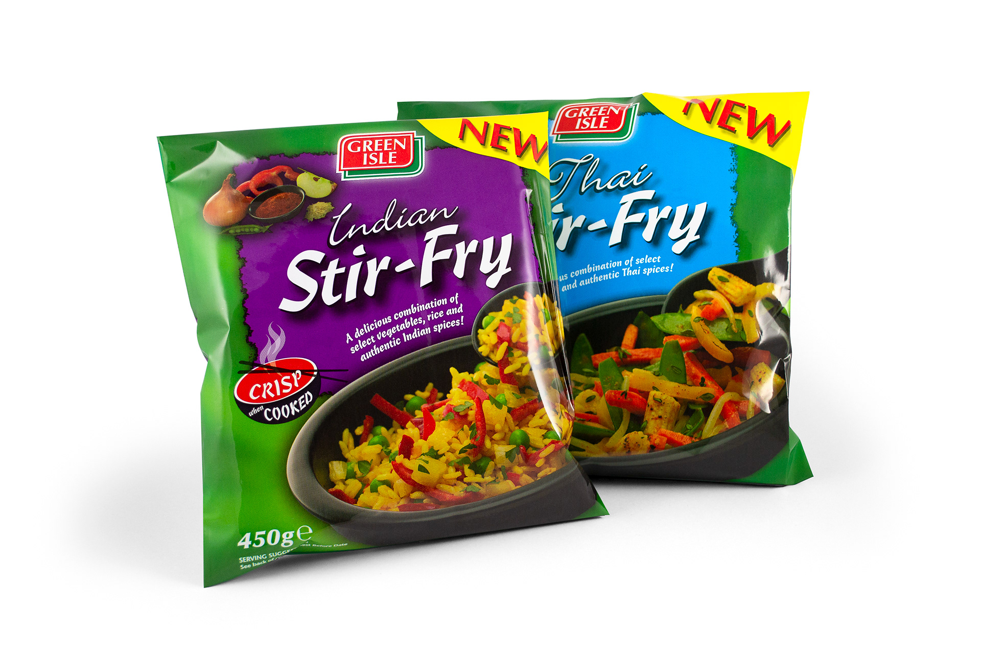 Green Isle Indian Stir-Fry and Thai Stir-Fry flexographic packaging.