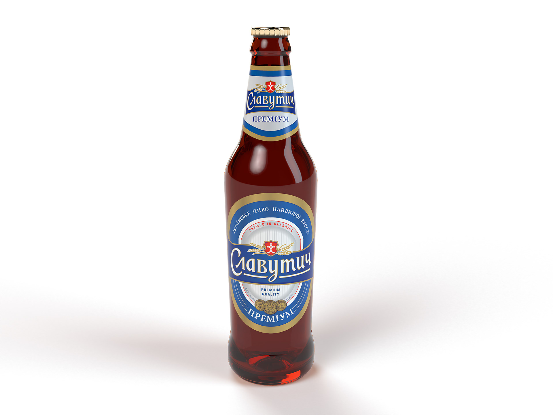 Slavutych beer bottle with body and neck label.