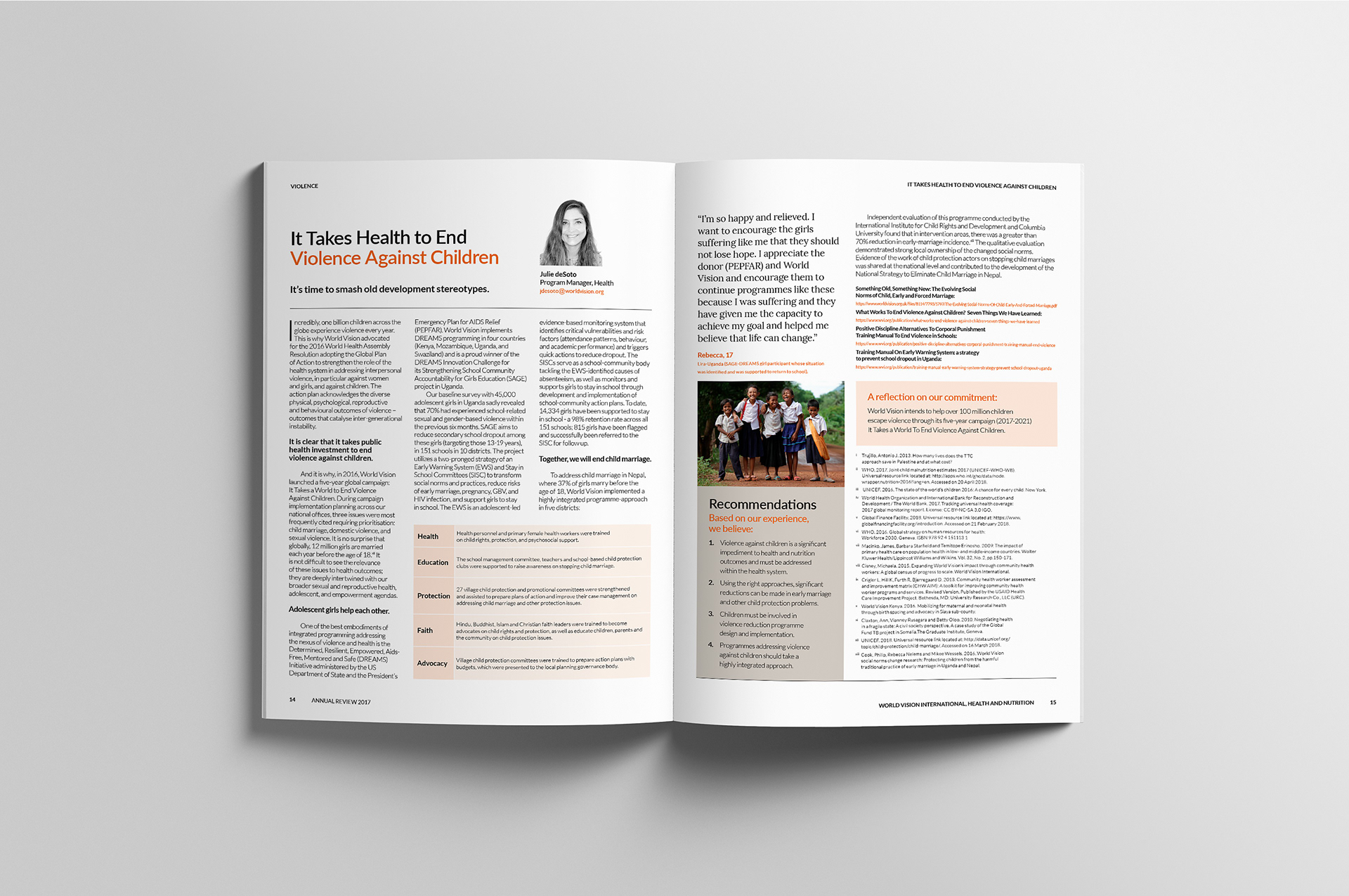 Section spread showing condensed pull quote on right hand page.